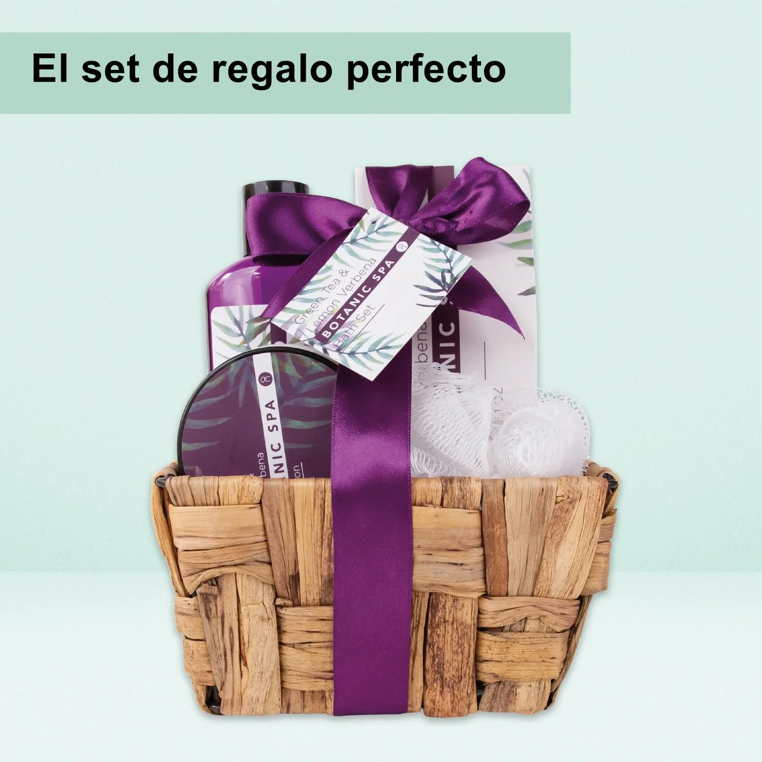 Accentra Botanic SPA Set de Baño Mujer Cesta Hierba Marina Kit Tratamiento 4 Piezas Gel Ducha Sales Baño Loción Corporal Esponja Malla Regalo Bienestar