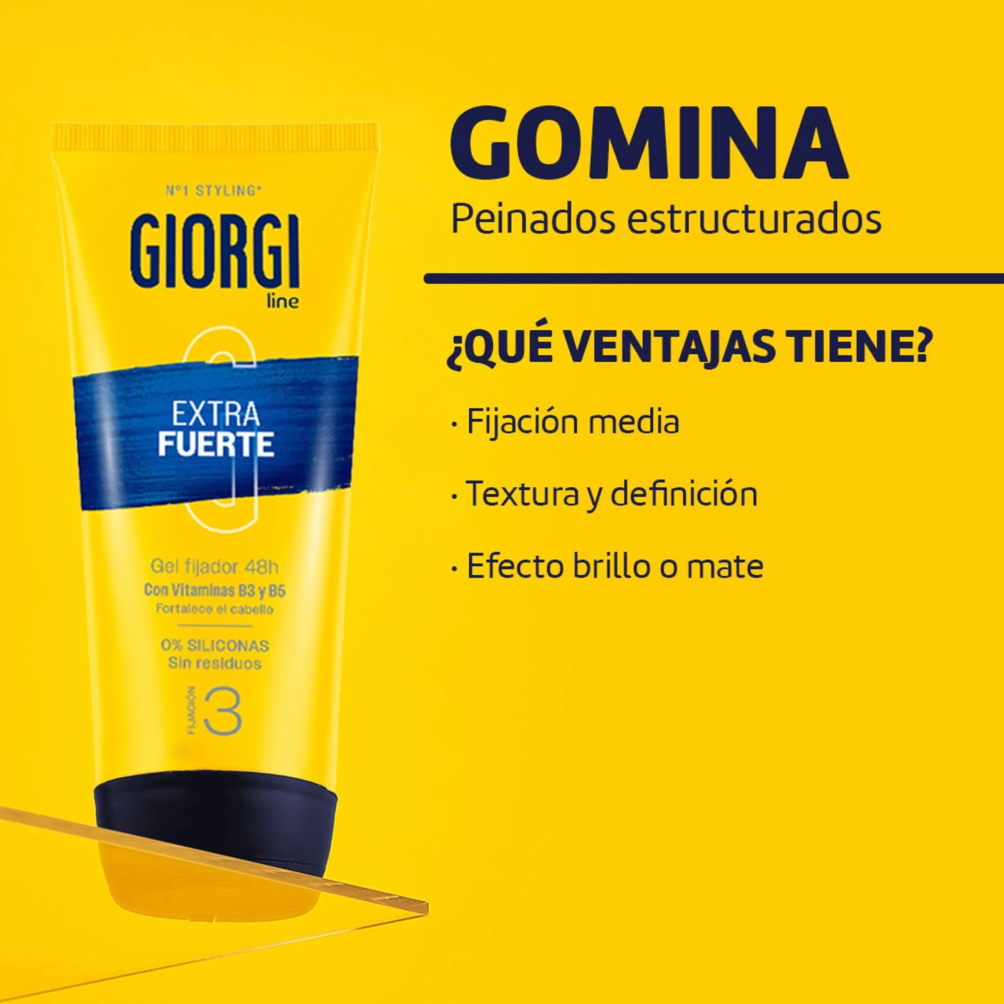 Giorgi Line Gomina Extra Fuerte XXL con Vitaminas B3 y B5 Fijación 3 Extrafuerte Duración 48h Sin Alcohol ni Siliconas Acabado Brillante 240 ml
