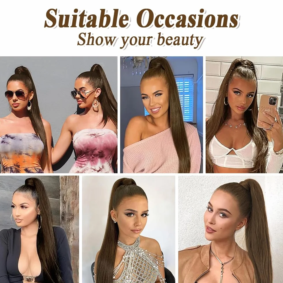 Coleta Pelo Liso Natural Con Pinza Flequillo Postizo 66cm Pelucas Mujer Ponytail Hair Extension Marrón Oscuro