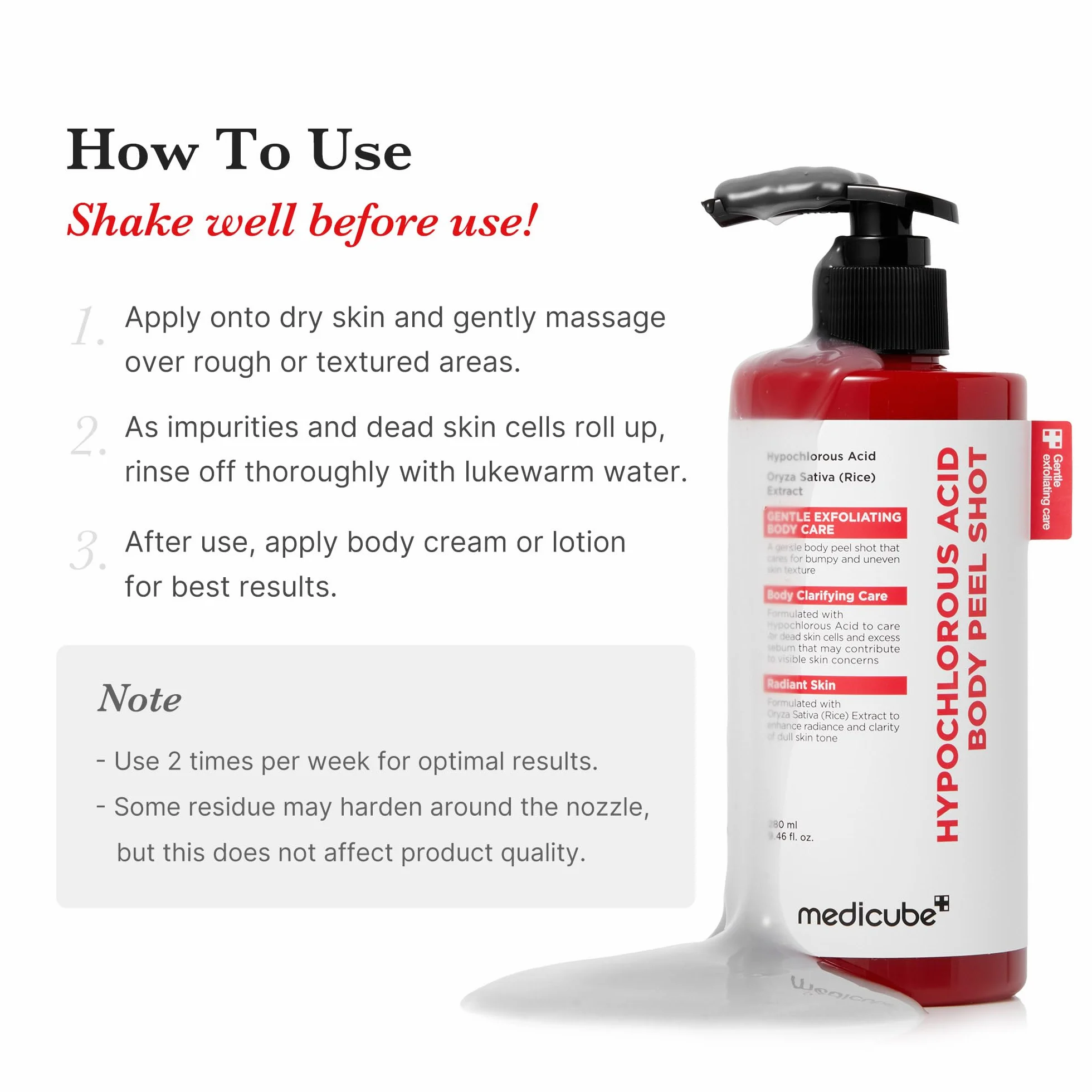 Medicube Body Peel Shot Hypochlorous Acid Gentle Body Exfoliating Serum Dead Skin Cells Rough Patches Uneven Texture Rice Extract Panthenol Hydrating Smoothing Care 9.46 fl.oz