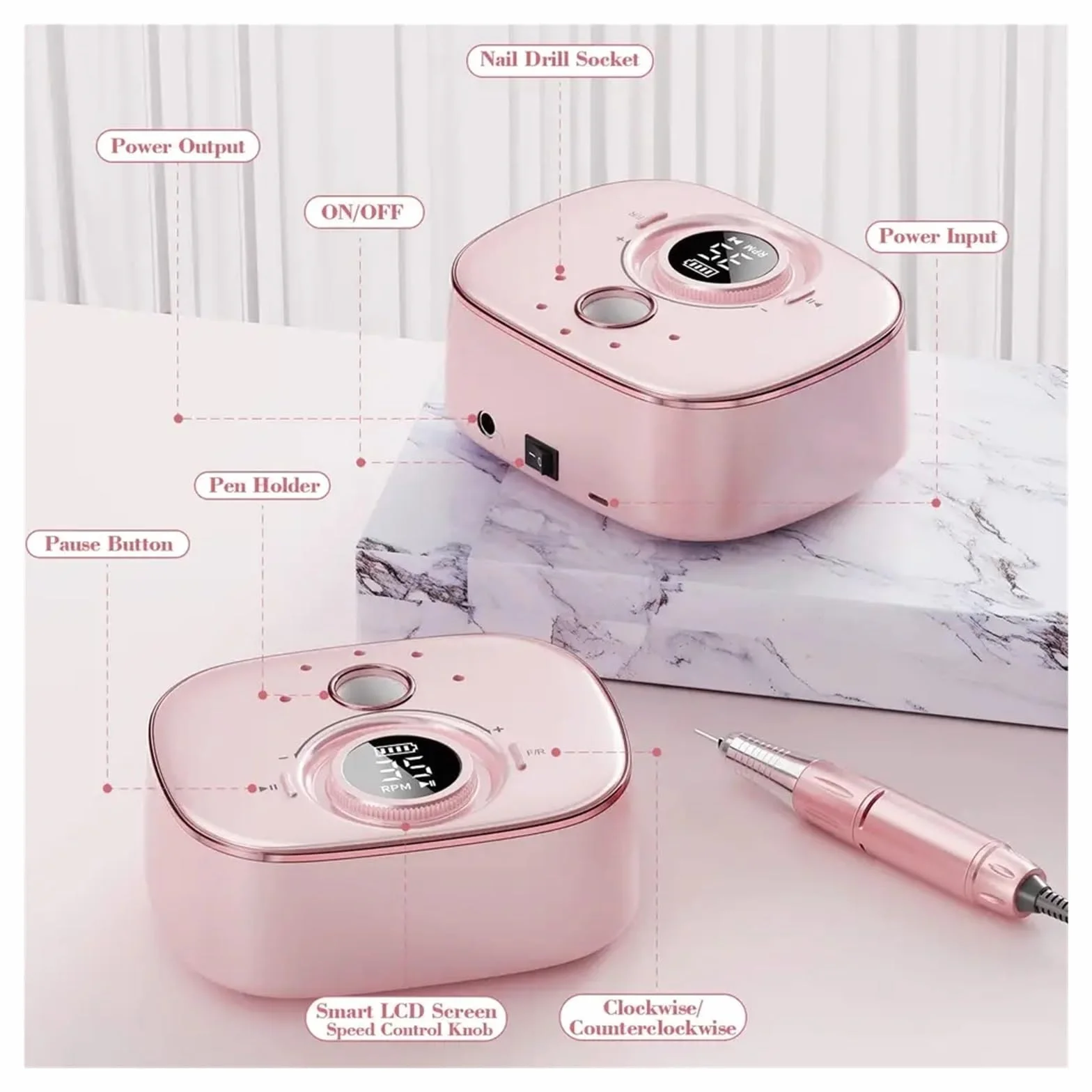 Torno para Uñas Lima de uñas eléctrica for uñas acrílicas, máquina de manicura eléctrica, Fresa portátil(Bianco)