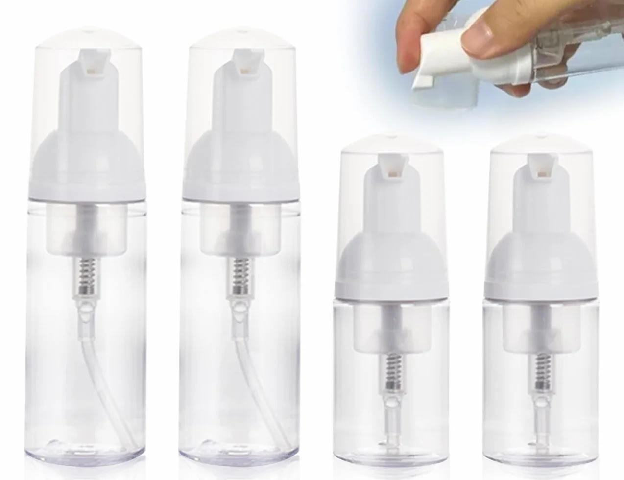 KAPSING Paquete de 4 botellas vacías transparentes de tamaño de viaje, dispensador sin aire de plástico vacío, botella con bomba de espuma de 50 ml * 2 y botella dispensadora de viaje de 30 ml * 2