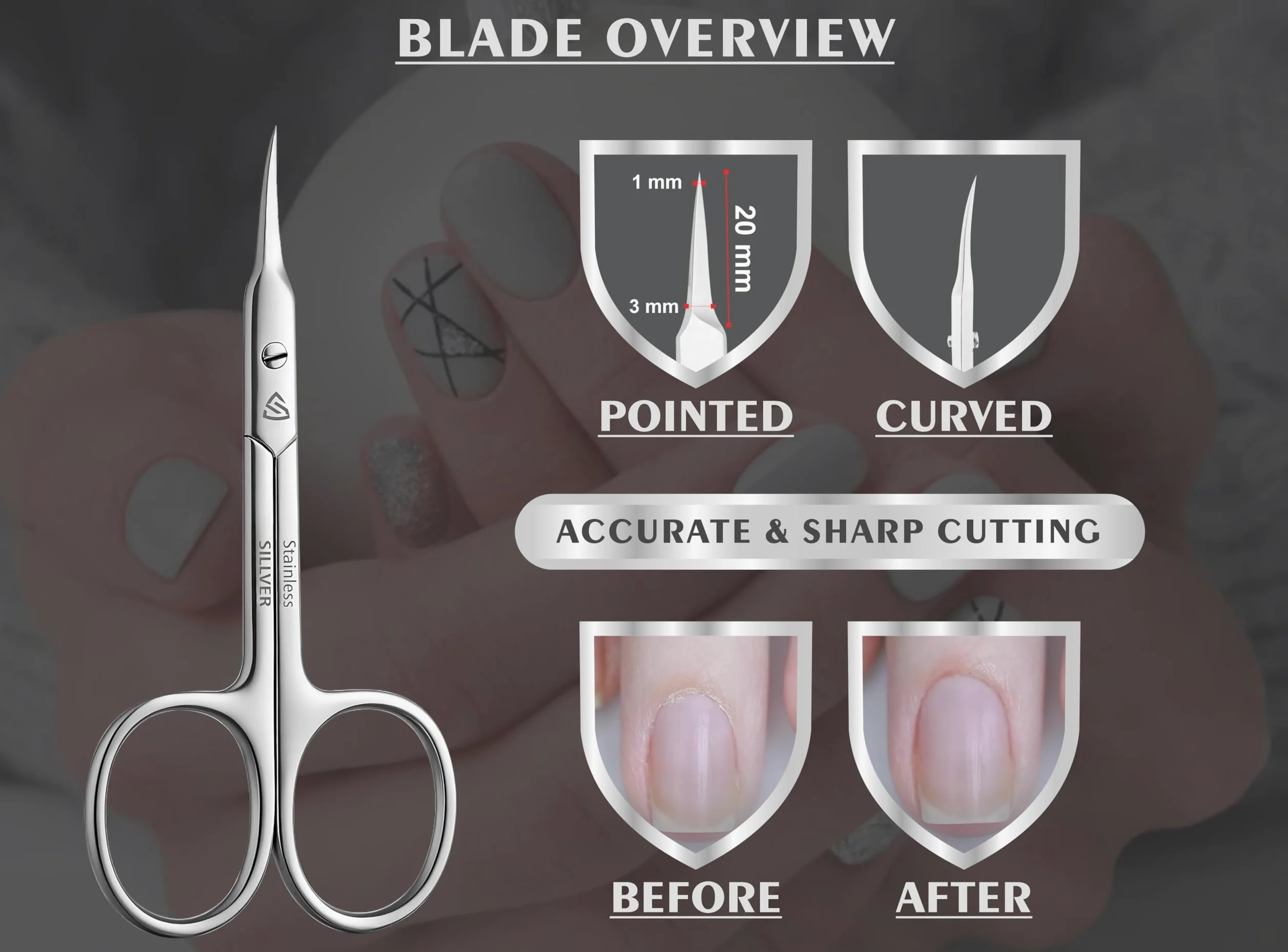 Tijeras para cutículas, hoja curvada, punta extrafina, tijeras de manicura profesional, tijeras de aseo para cutículas, barba, nariz, pelo, pestañas, bigote, tijeras de cejas