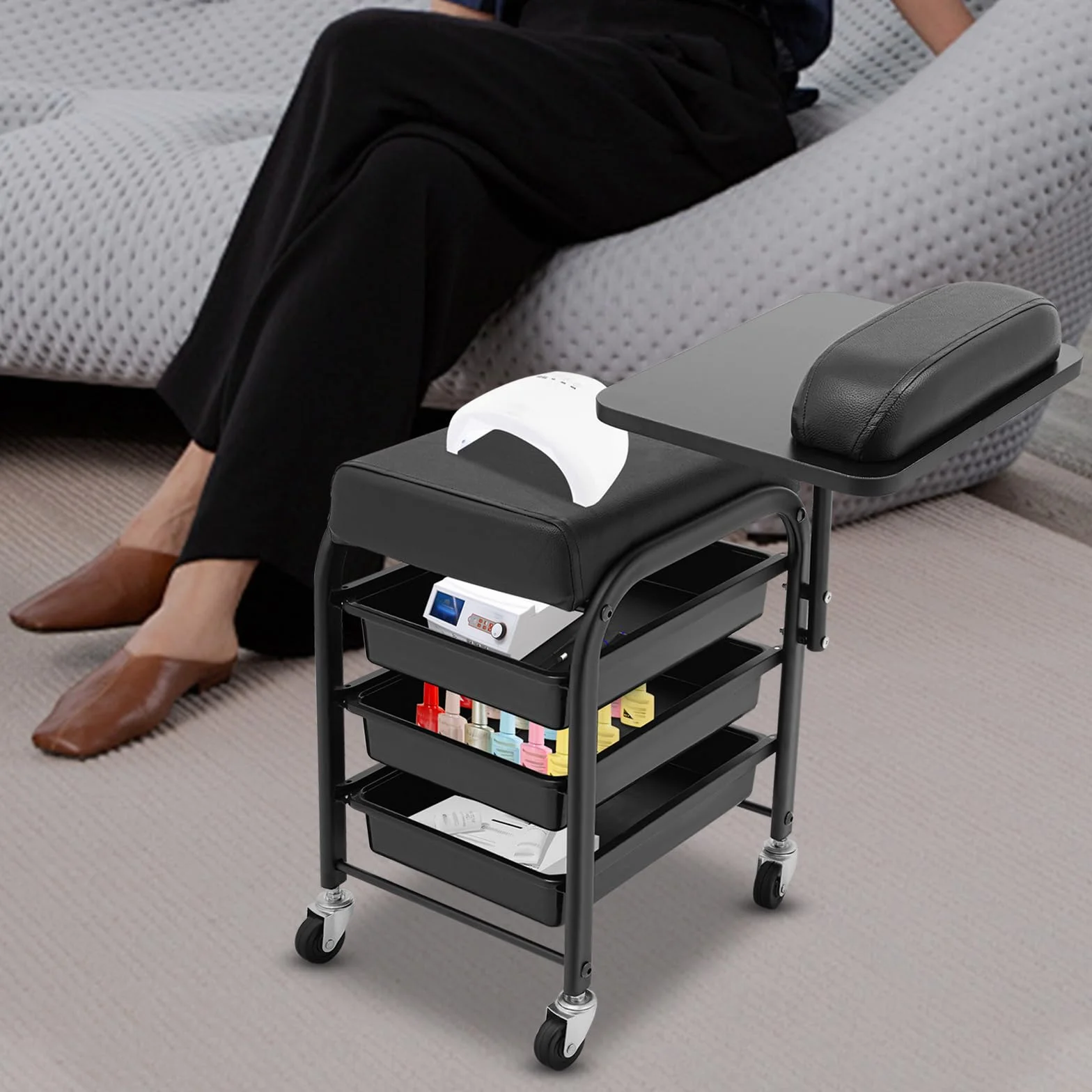 Silla de manicura con carrito extensible 3 cajones 360° soporta 75 kg negro