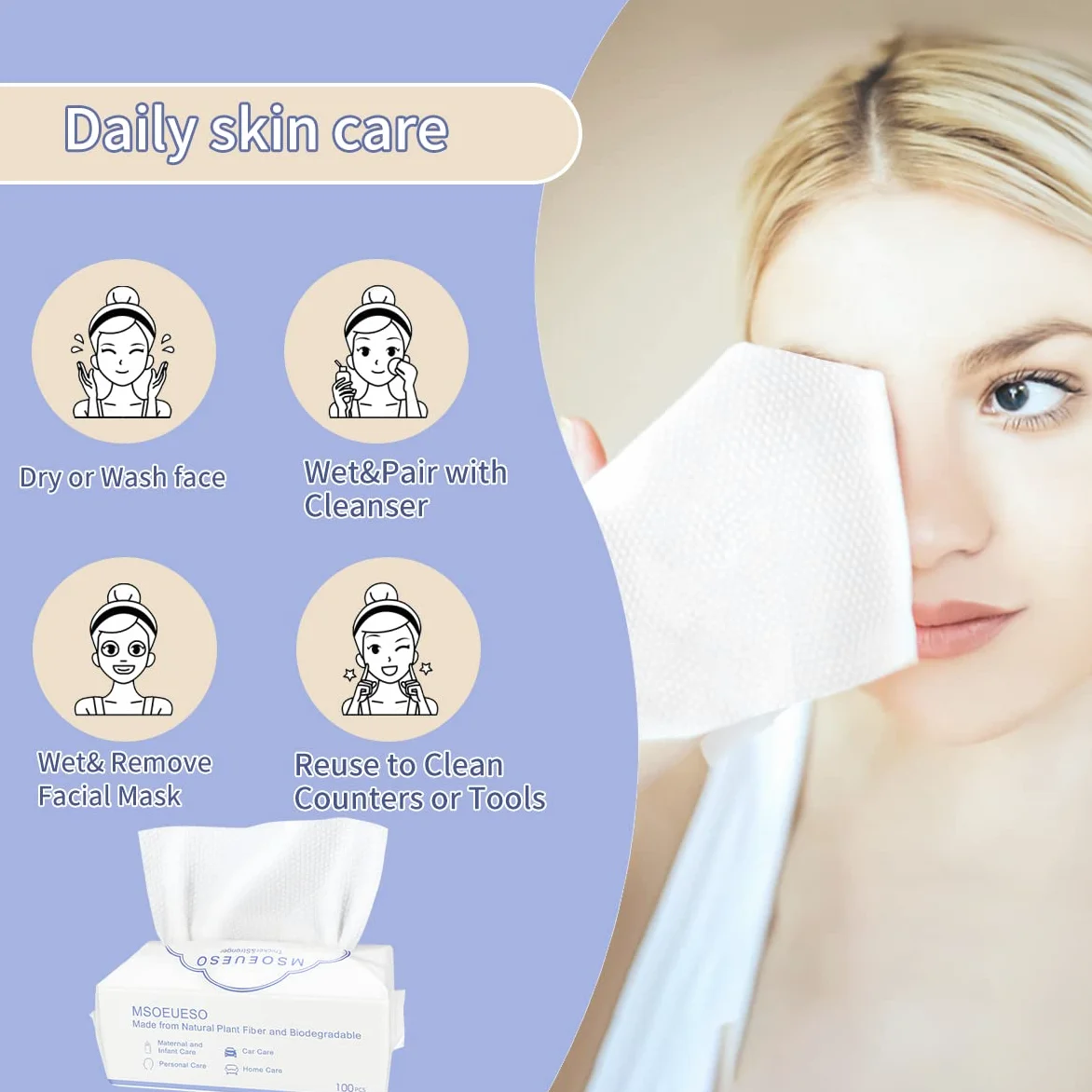 MSOEUESO - Toalla facial desechable, pañuelos faciales 100% algodón, paños secos para la cara, toallas limpias biodegradables, toallitas desmaquillantes, ultra suaves para adultos y bebés, 200