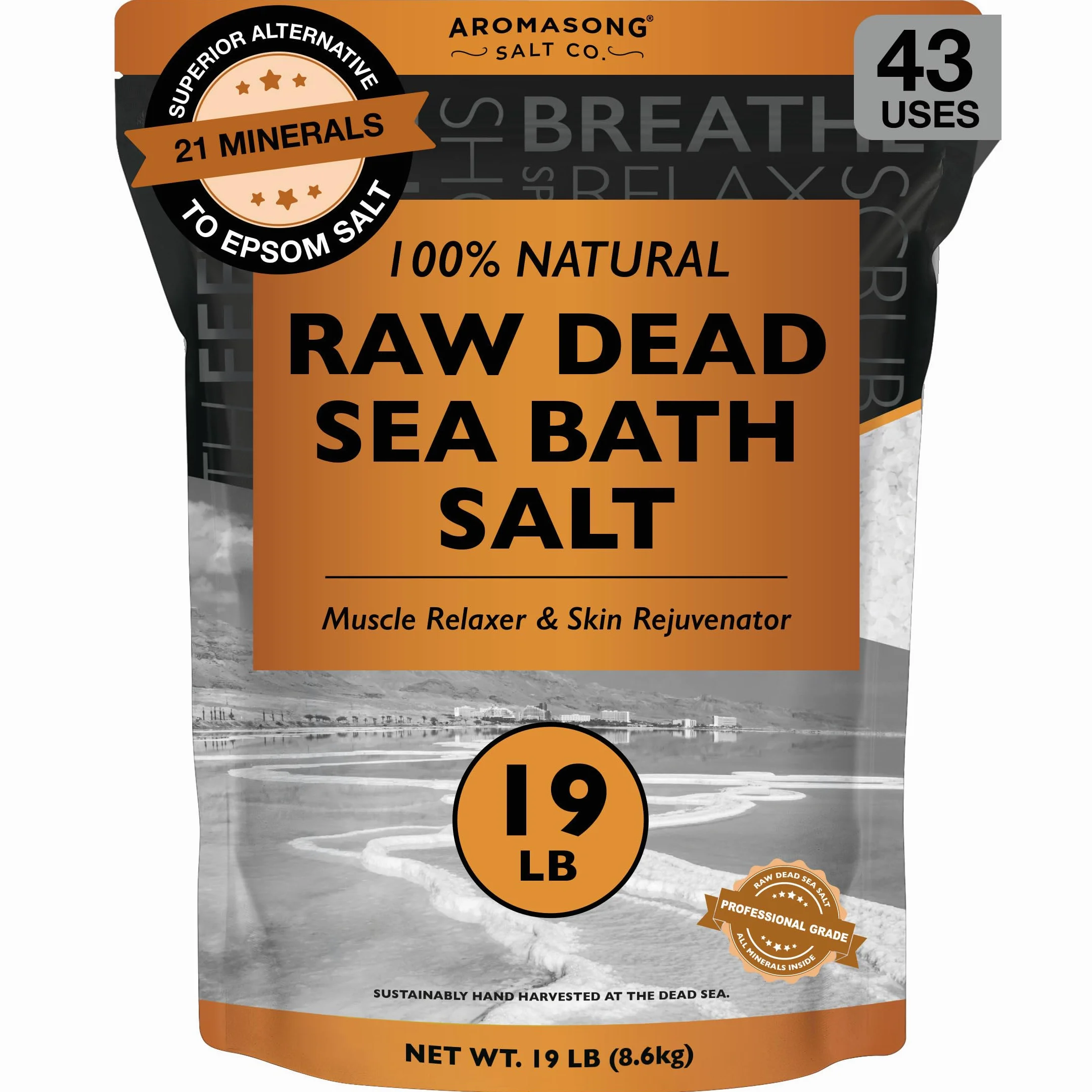 19 Lbs Raw Dead Sea Salt, Not Cleaned, Still Contains All Dead Sea Minerals Including Dead Sea Mud, Fine Medium Grain, Resealable Bulk Pack, Better Absorption & Leaves Your Skin Softer Then Epsom Salt