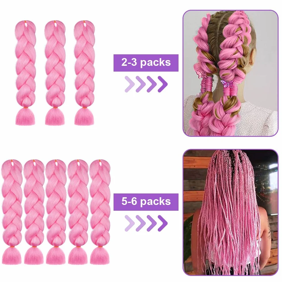 Aomig Extensiones 24" Trenzas Africanas Pelo Sintético Rosa Coleta Postiza Accesorios Cabello Trenzado