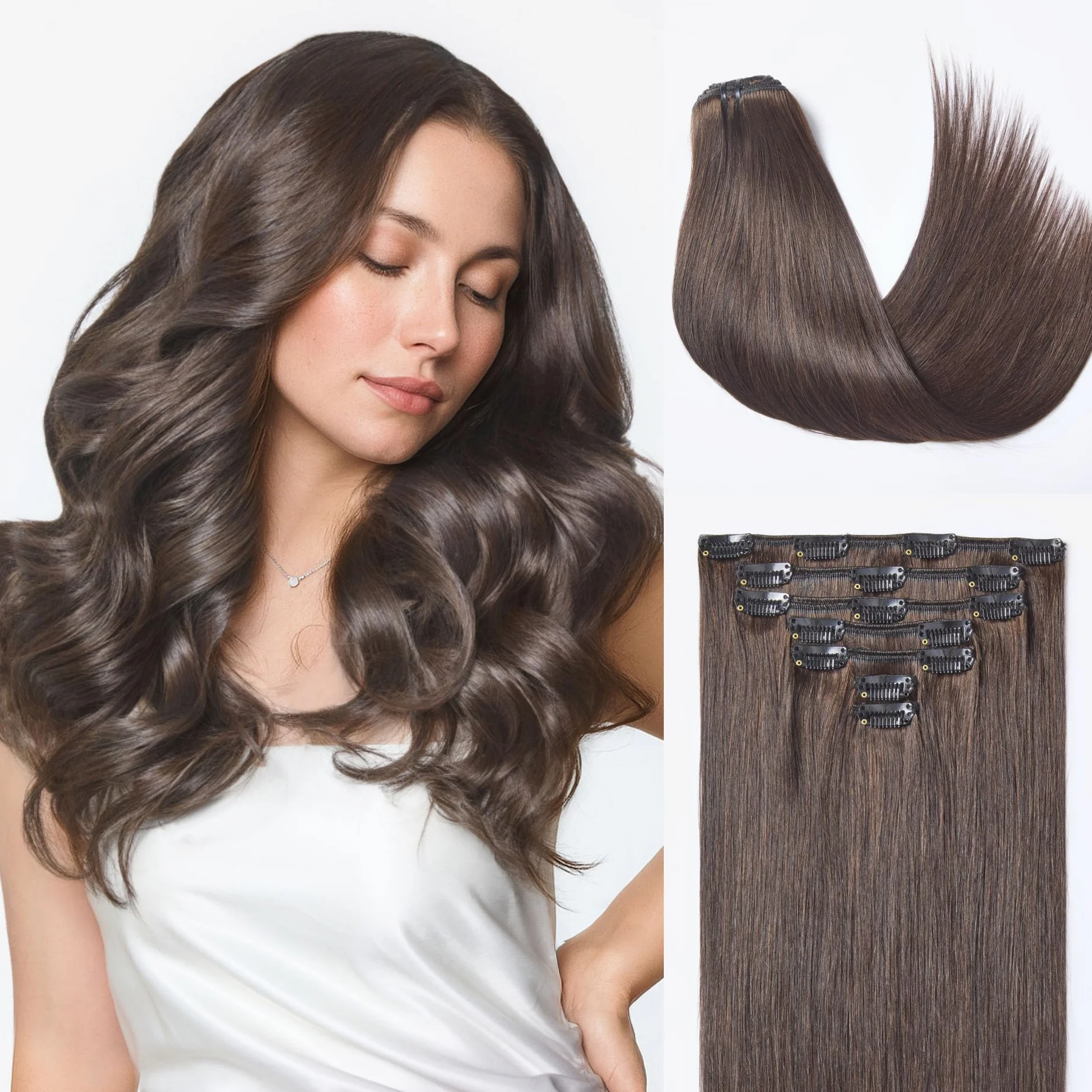LUVME Extensiones de cabello humano hechas a mano con clip, 18 pulgadas, 120 g, 7 unidades, color marrón moca, lacio, doble trama, sin costuras, para una cobertura completa