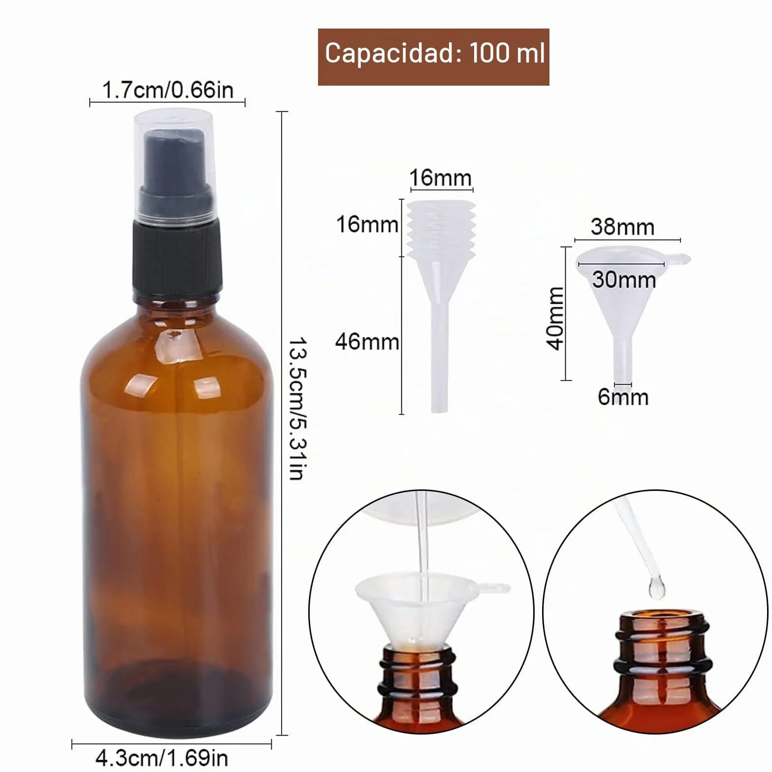 Pulverizador Cristal Marrón 100ml Botella Spray Vidrio Ámbar Vacía con Cabezal Pulverizador Embudo Cuentagotas para Perfumes