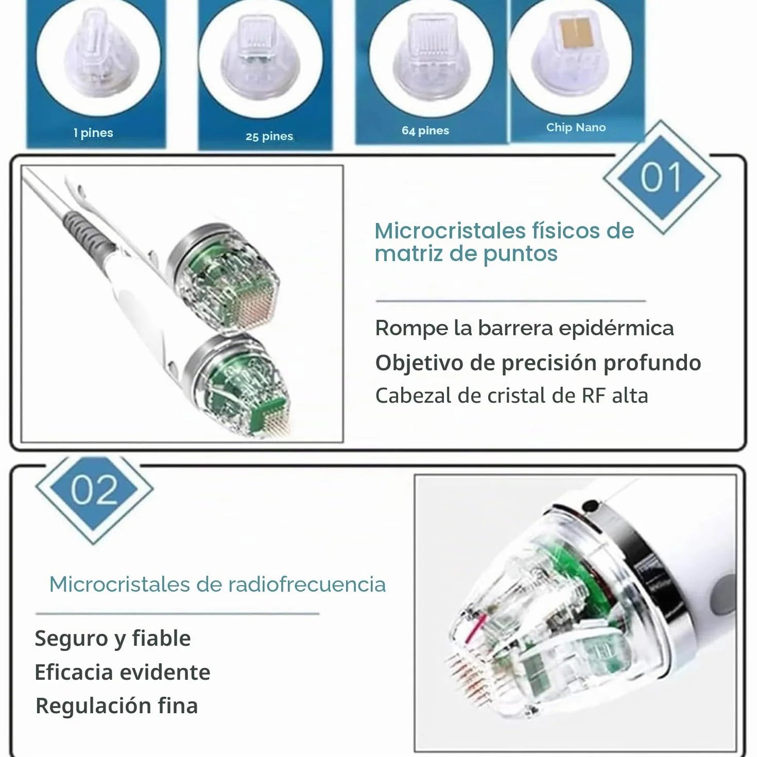 Dispositivo Avanzado de Belleza con 4 Cabezales Especializados: Combina Microagujas y RF para Tratamientos Faciales y Corporales de Rejuvenecimiento y Reparación Cutánea