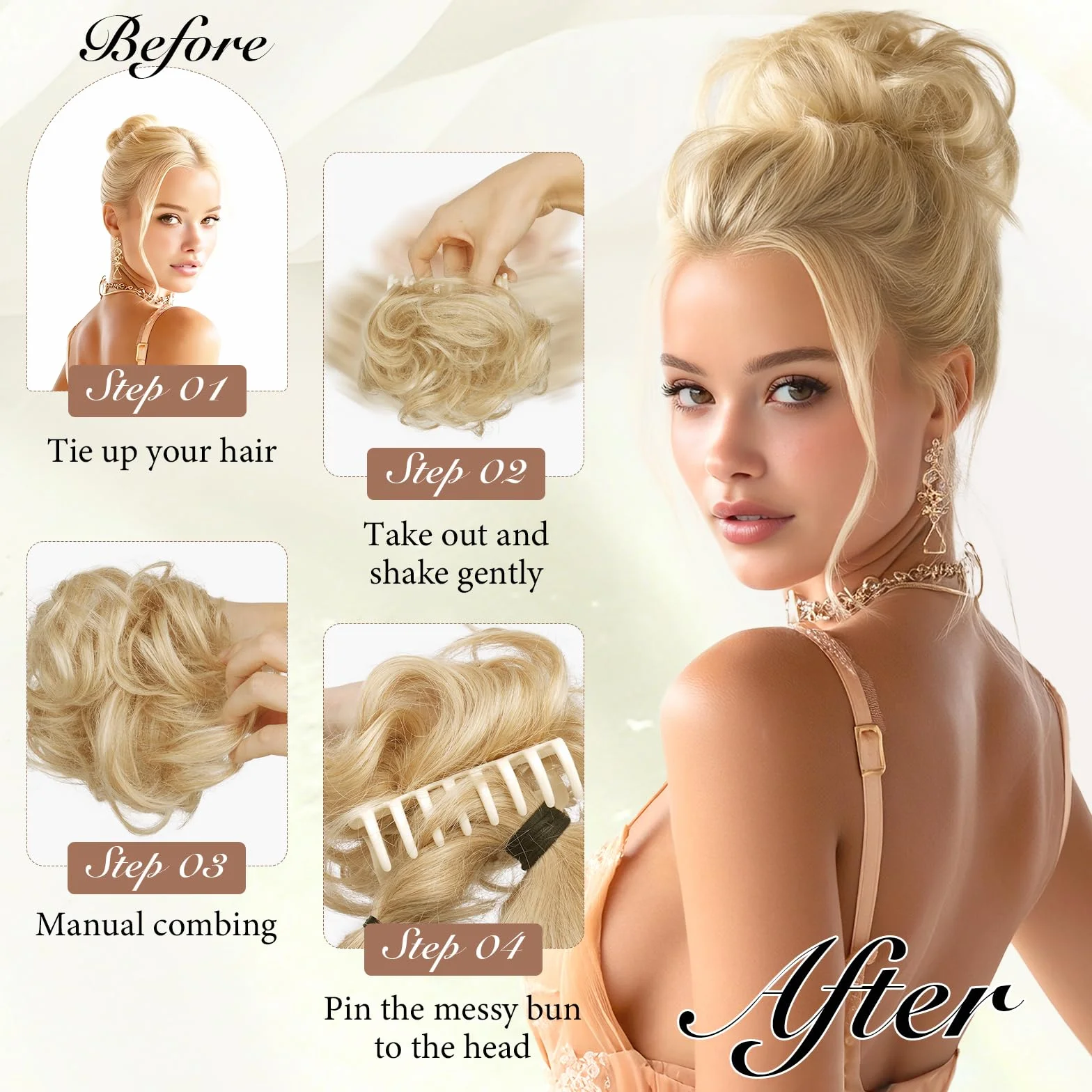 Moño de Cabello Humano Rizado y Esponjoso con Pinza, Extensiones de Cabello con Clip para Mujeres