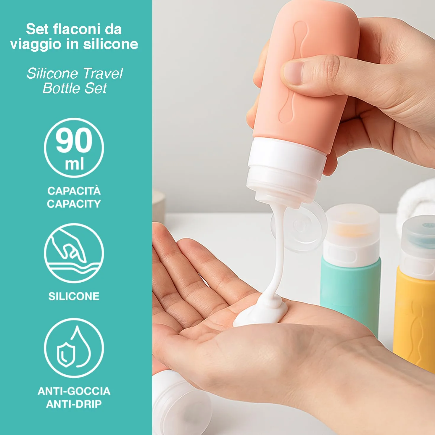 BEPER C302AAC010 Set de Botellas de Viaje de Silicona 90 ml 4 Piezas Antigoteo