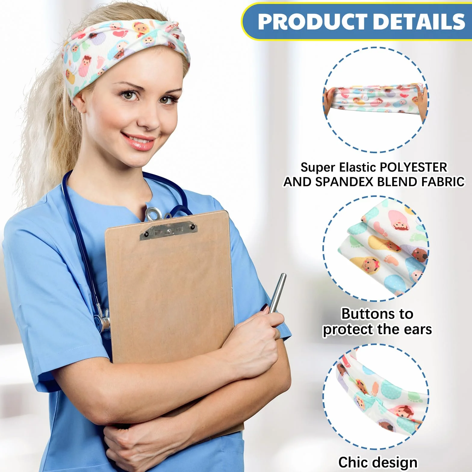 12 diademas antideslizantes para enfermeras de parto y parto con botones para máscara, accesorios de trabajo, protección de oídos, bandas para el cabello, regalo para enfermeras y médicos