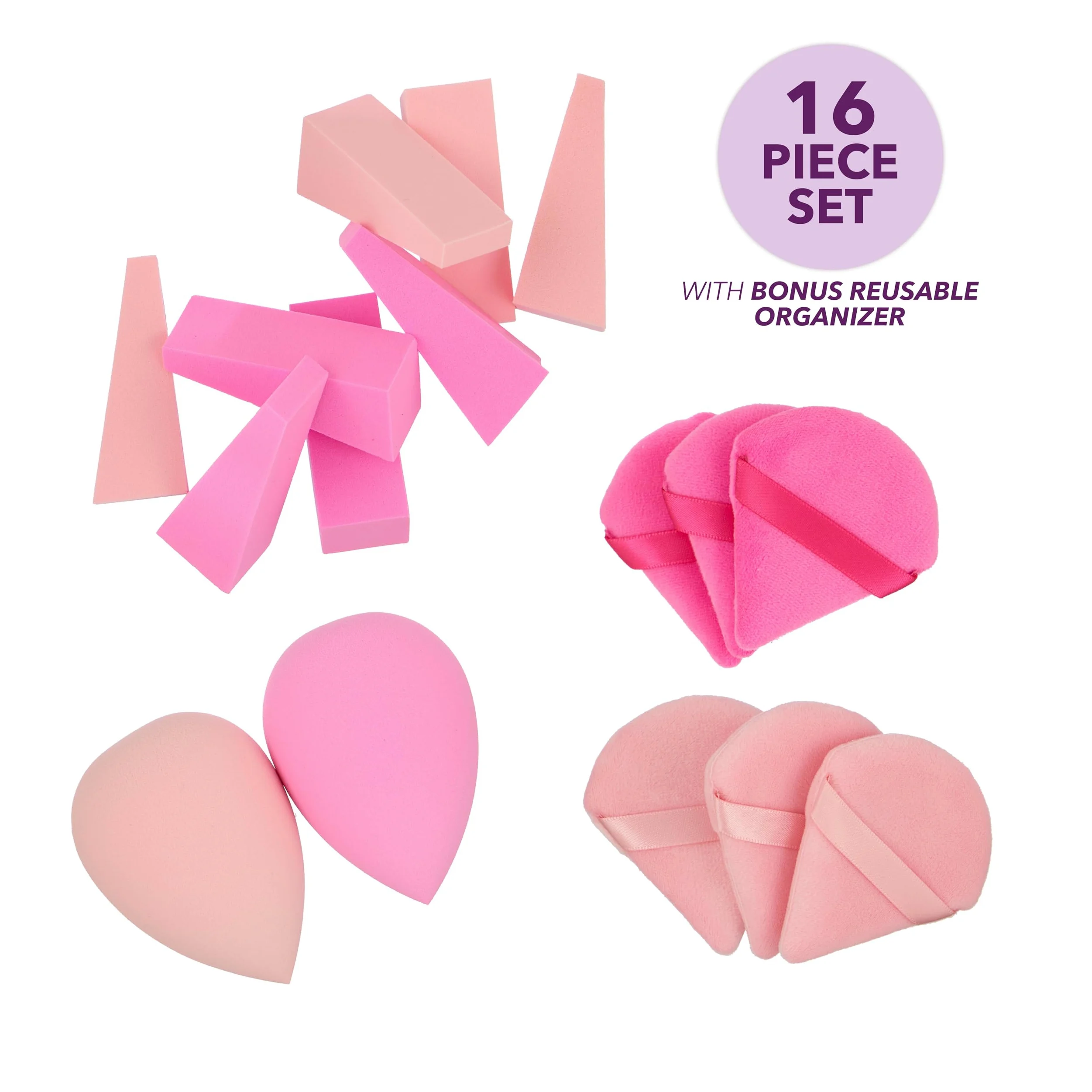 Expressions Juego de 16 esponjas de maquillaje rosas y organizador de artículos esenciales de belleza | Mezcladores de belleza surtidos, esponjas de maquillaje y cuñas para una aplicación de