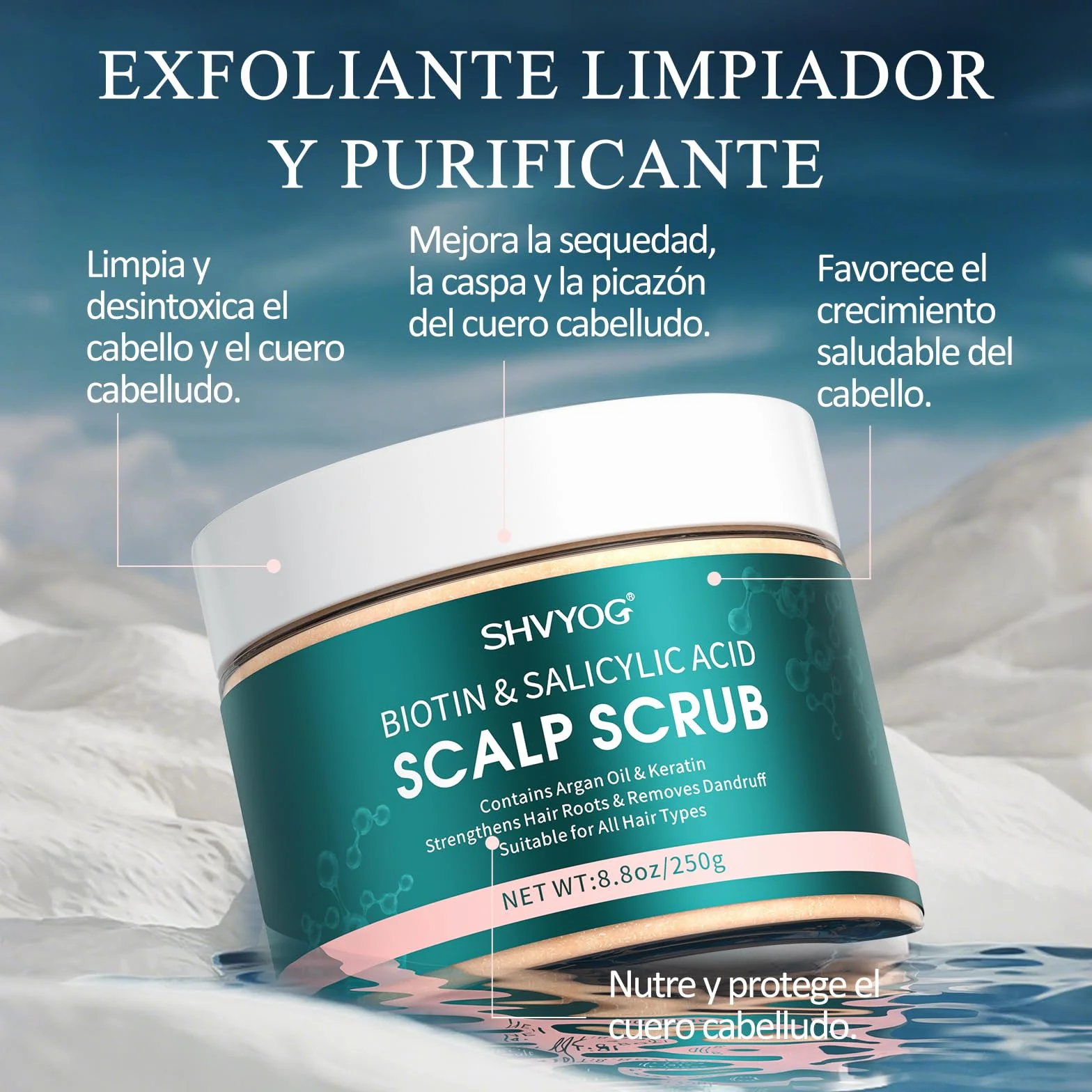 Exfoliante para el Cuero Cabelludo con Biotina y Ácido Salicílico para Crecimiento del Cabello, Cabello Graso y Caspa
