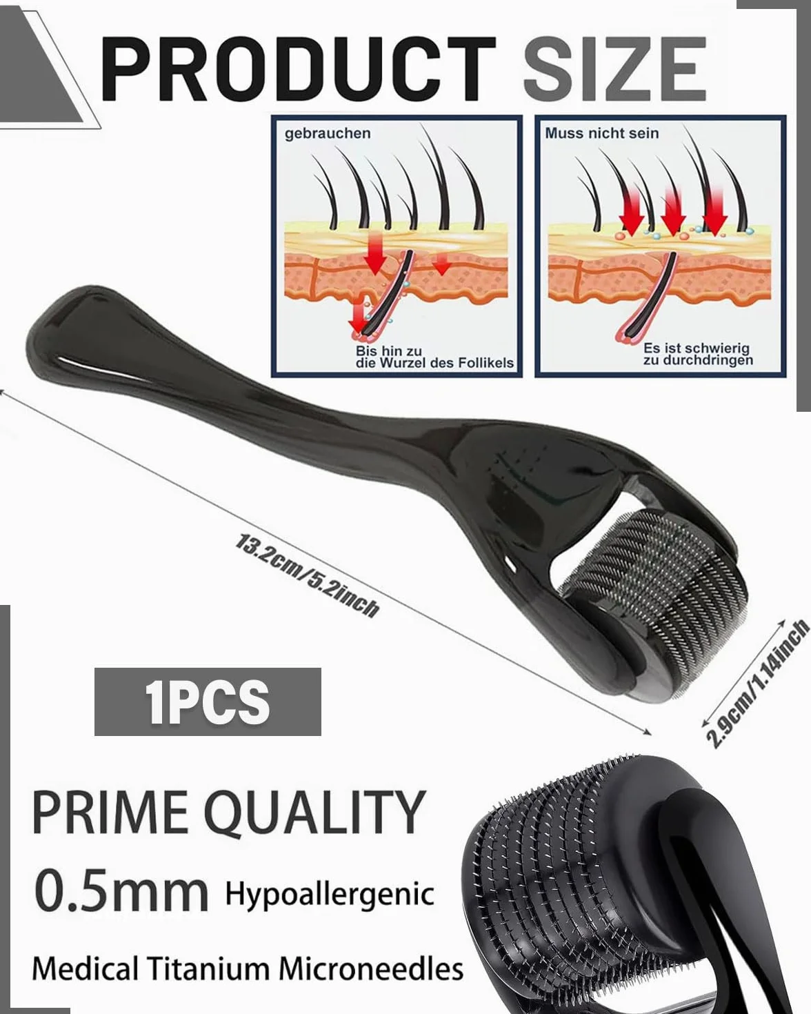Rodillo de microagujas 0,5 mm 540 agujas de titanio para crecimiento de barba y cabello