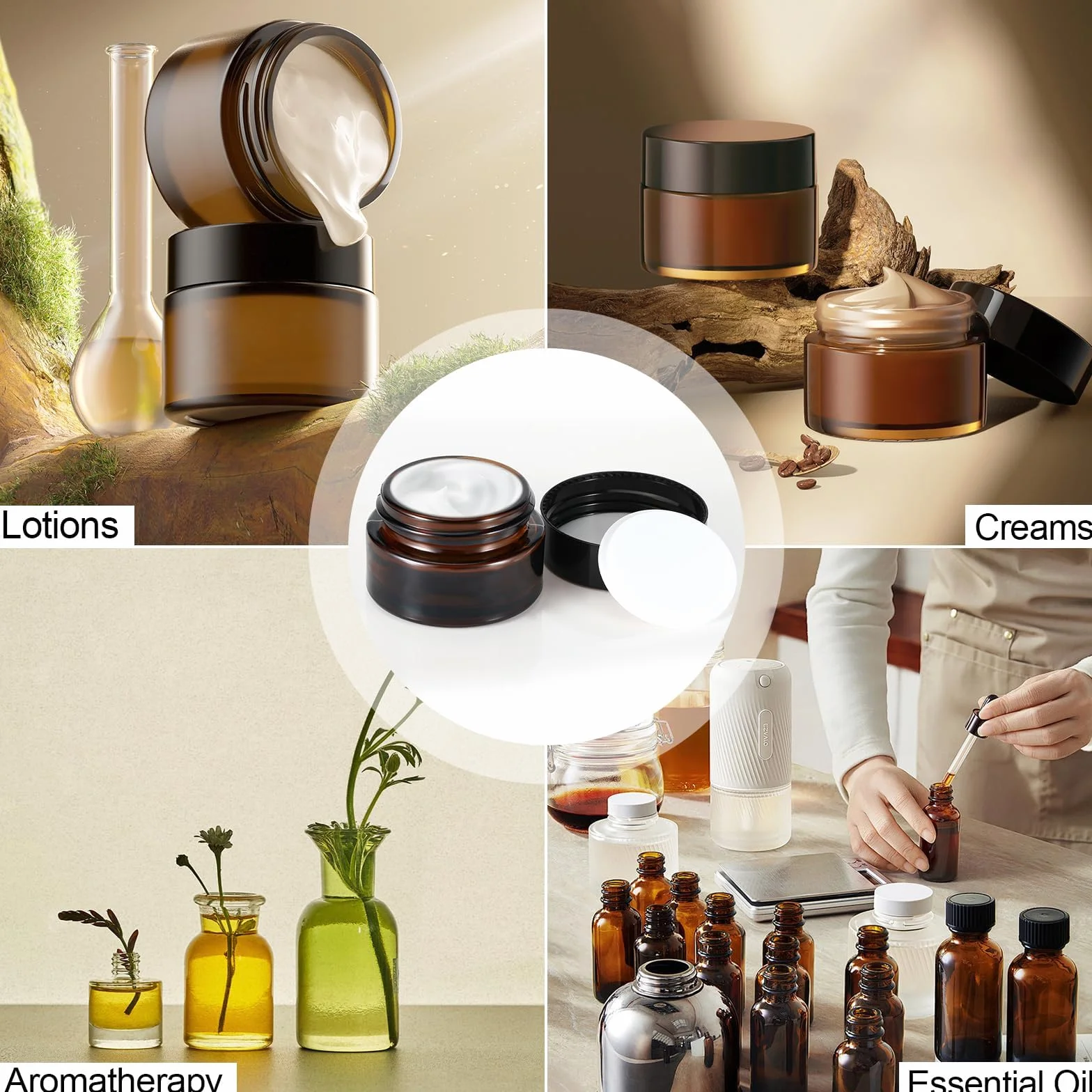 Tarros de Cristal Ámbar 10 Piezas 20 ml 30 ml con Pegatina y Cuchara para Cosméticos