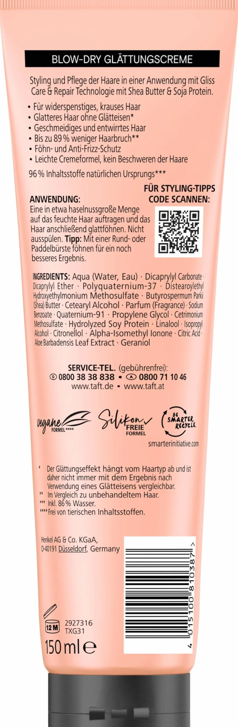 Taft Crema alisadora Gliss Sleeky Smooth 4 x 150 ml, crema de peinado para cabello liso sin plancha, protección contra secador y antiencrespamiento