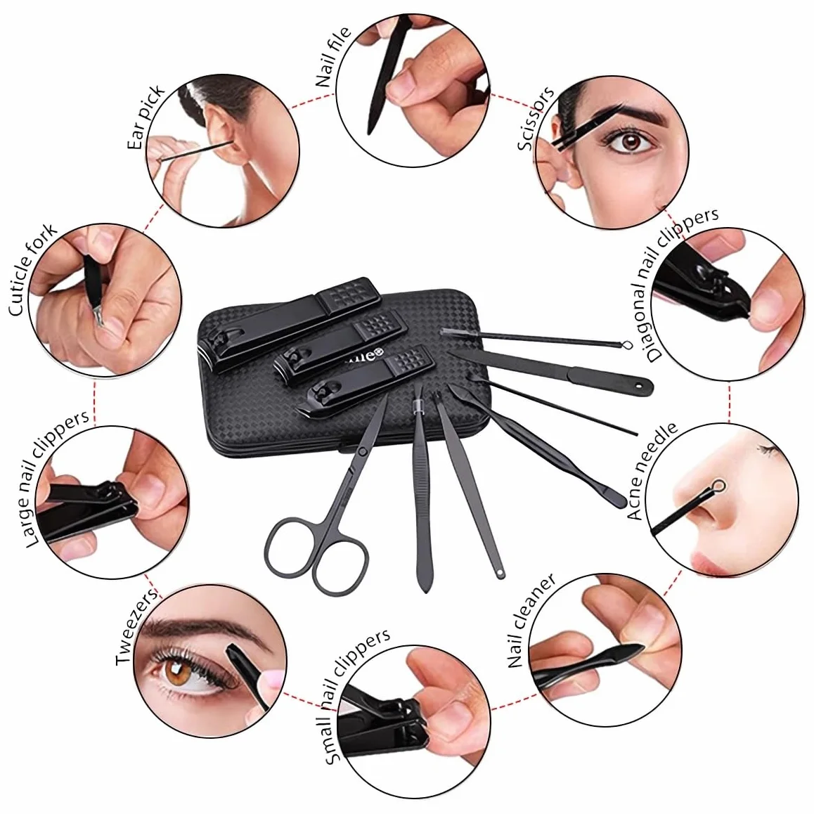 Juego de manicura cortaúñas profesionales acero inoxidable 10 en 1 negro con estuche de viaje