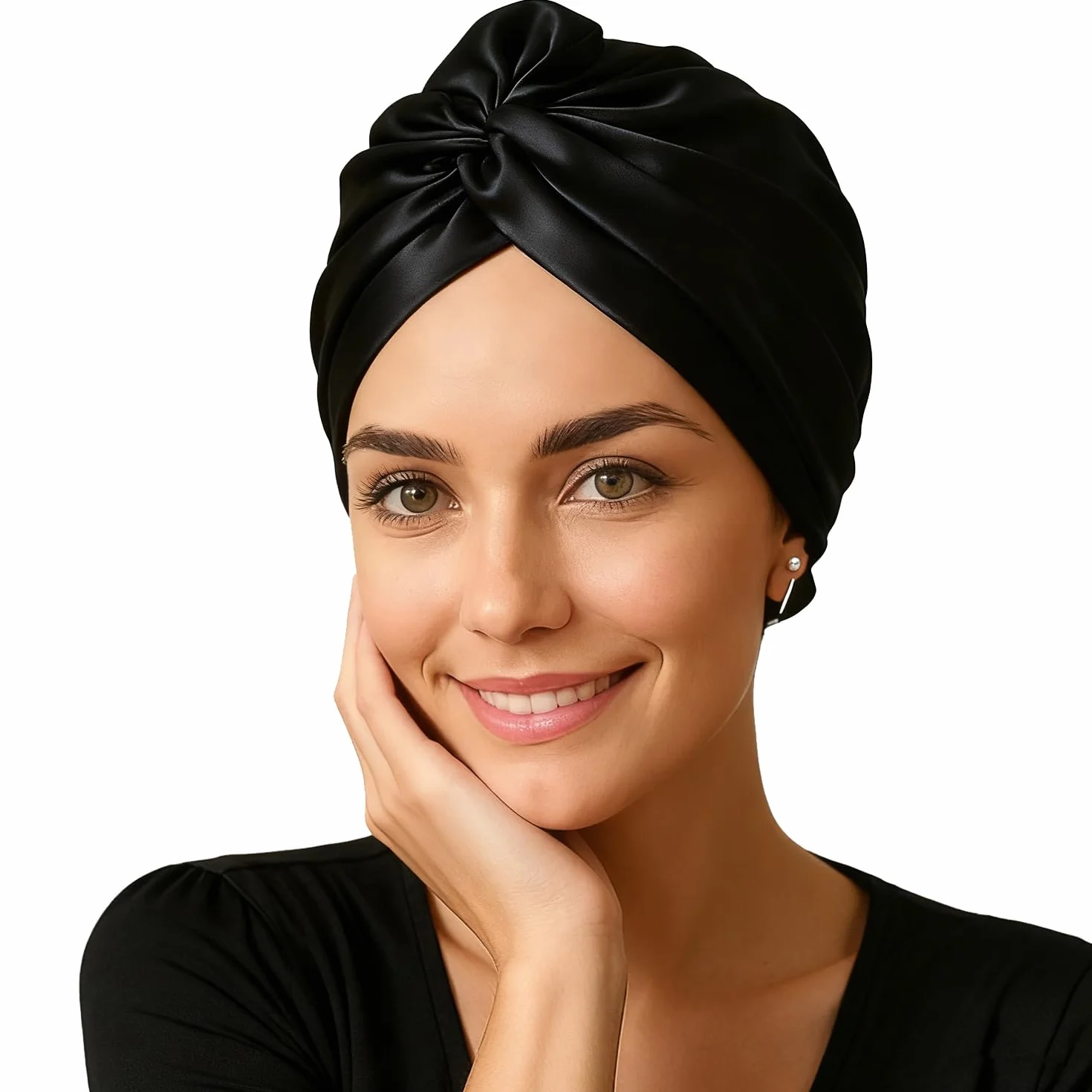Gorro de seda de doble capa para dormir ajustable con goma de satén para mujer