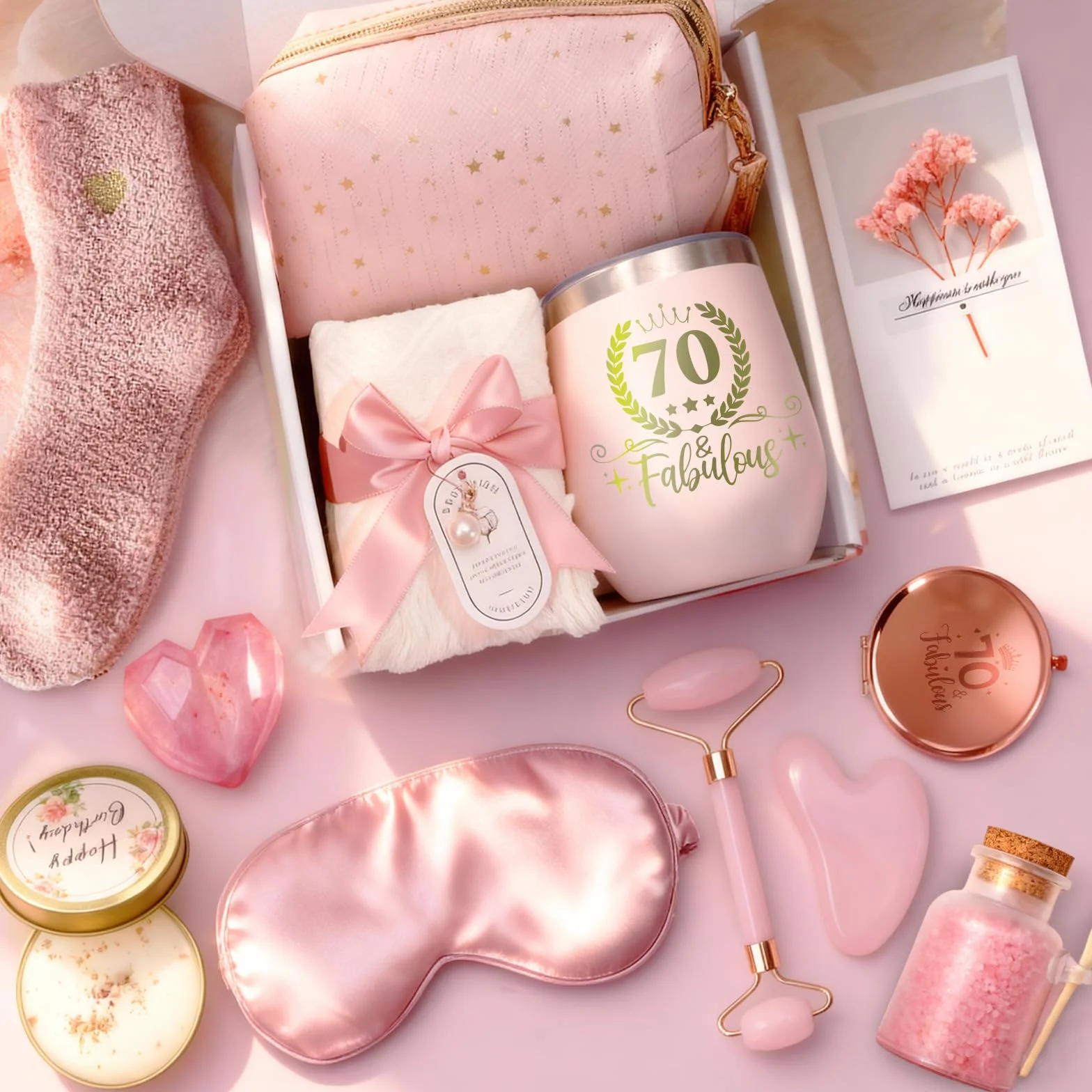Regalos de 70 cumpleaños para mujeres, caja de regalo para ella, cesta de regalo con un vaso para hermana, novia, esposa, madre, juego de cesta de regalo relajante para Navidad, día de San Valentín