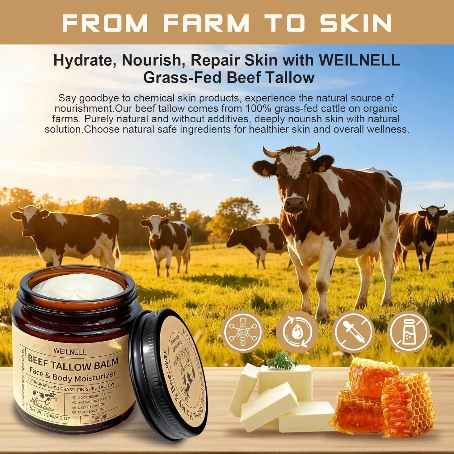 Beef Tallow Crema 120g, Sebo de Res para la Piel, 100% Natural, Hidratación Profunda, Absorción Rápida