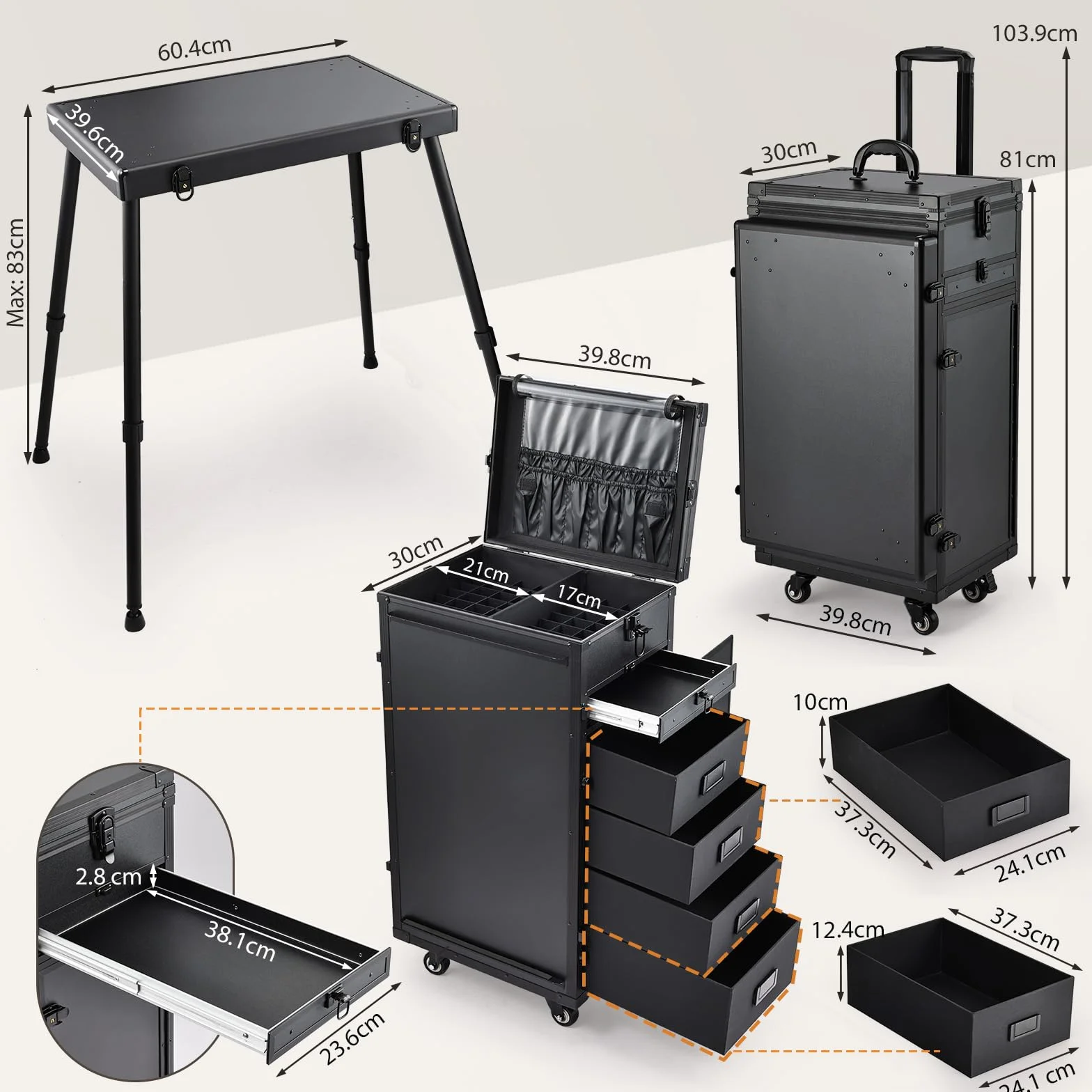 Maleta de Maquillaje con Mesa y 5 cajones Maletín de Maquillaje Profesional con Ruedas Caja Maquillaje Maleta Peluquería Grande Mesa de Manicura móvil Trolley Maquillaje, Negro
