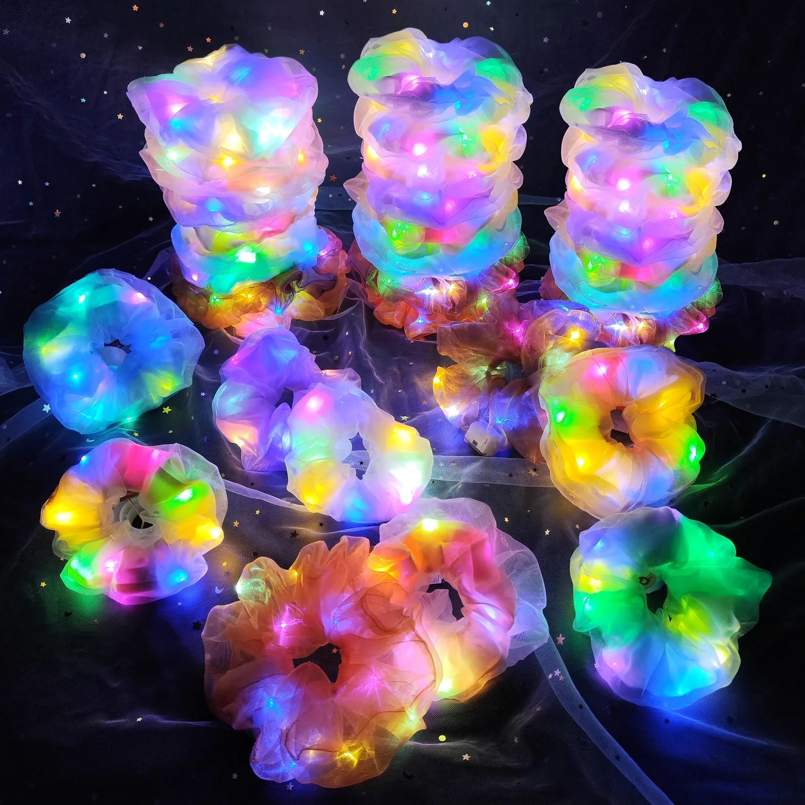 36 coleteros iluminados, lazos de pelo de tela de doble capa LED para niñas, accesorios para el cabello de neón rave, accesorios para el cabello para mujeres, suministros de fiesta que brillan