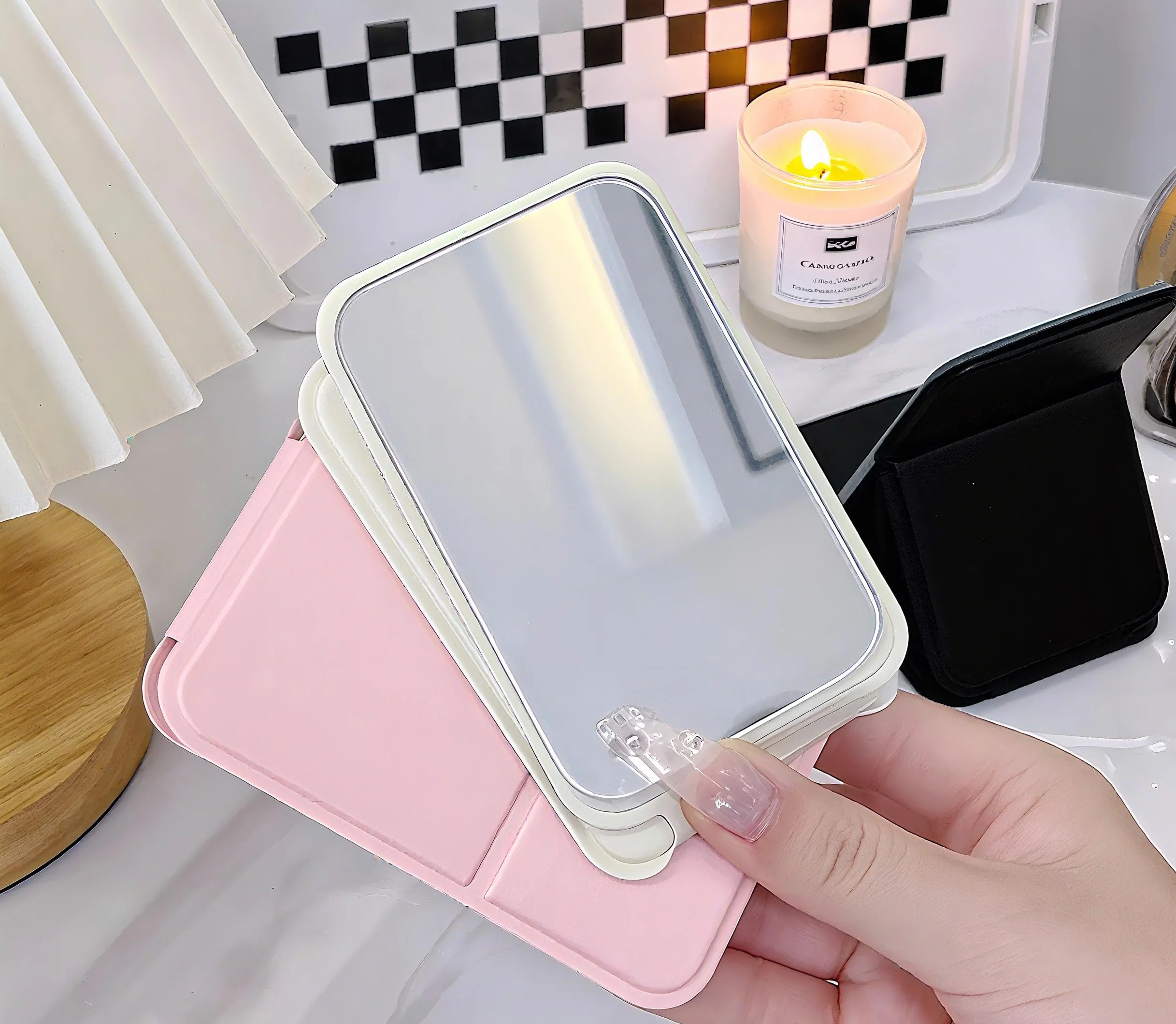 Espejo de Viaje Portátil Plegable Compacto con Soporte, Mini Espejo de Maquillaje para Bolsillo y Bolso