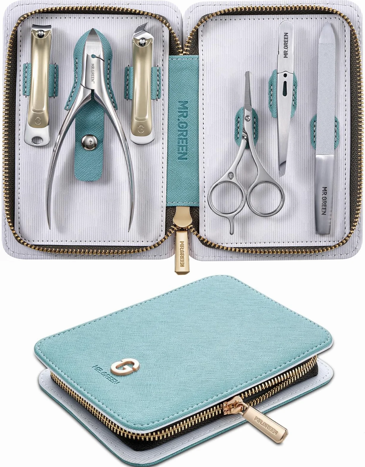 MR.GREEN Cortaúñas 6 en 1 para hombres y mujeres, kit de manicura y pedicura de acero inoxidable, juego profesional de cortaúñas de manos y pies, kit de aseo de uñas simplificado y práctico con funda