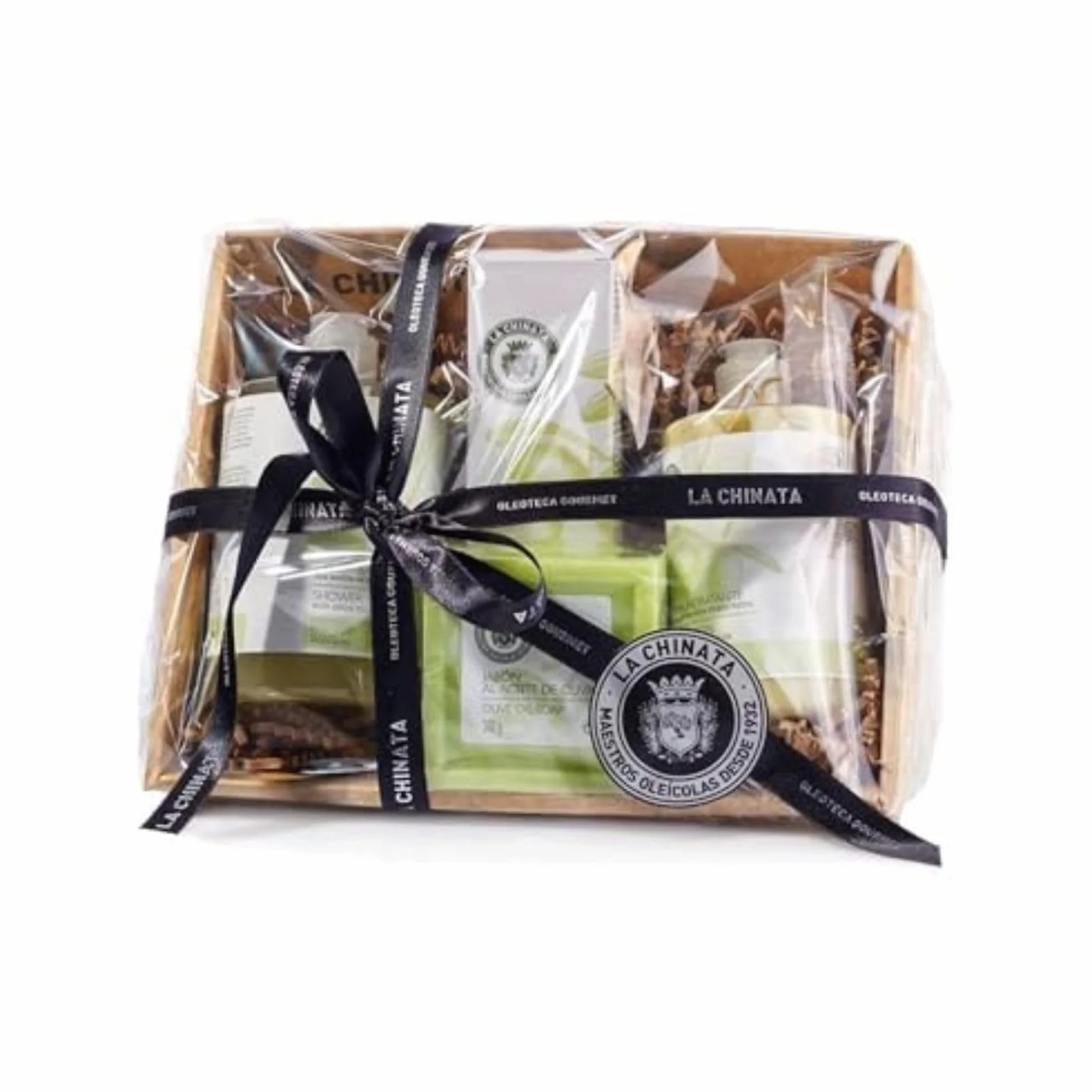 La Chinata Cesta Pequeña Cosmética Nº 1 con AOVE | Pack Cuidado de la Piel con Jabón, Gel de Baño, Crema Hidratante y Crema de Manos y Uñas | Cosmética Natural | Hidratación Piel Sensible | Regalo