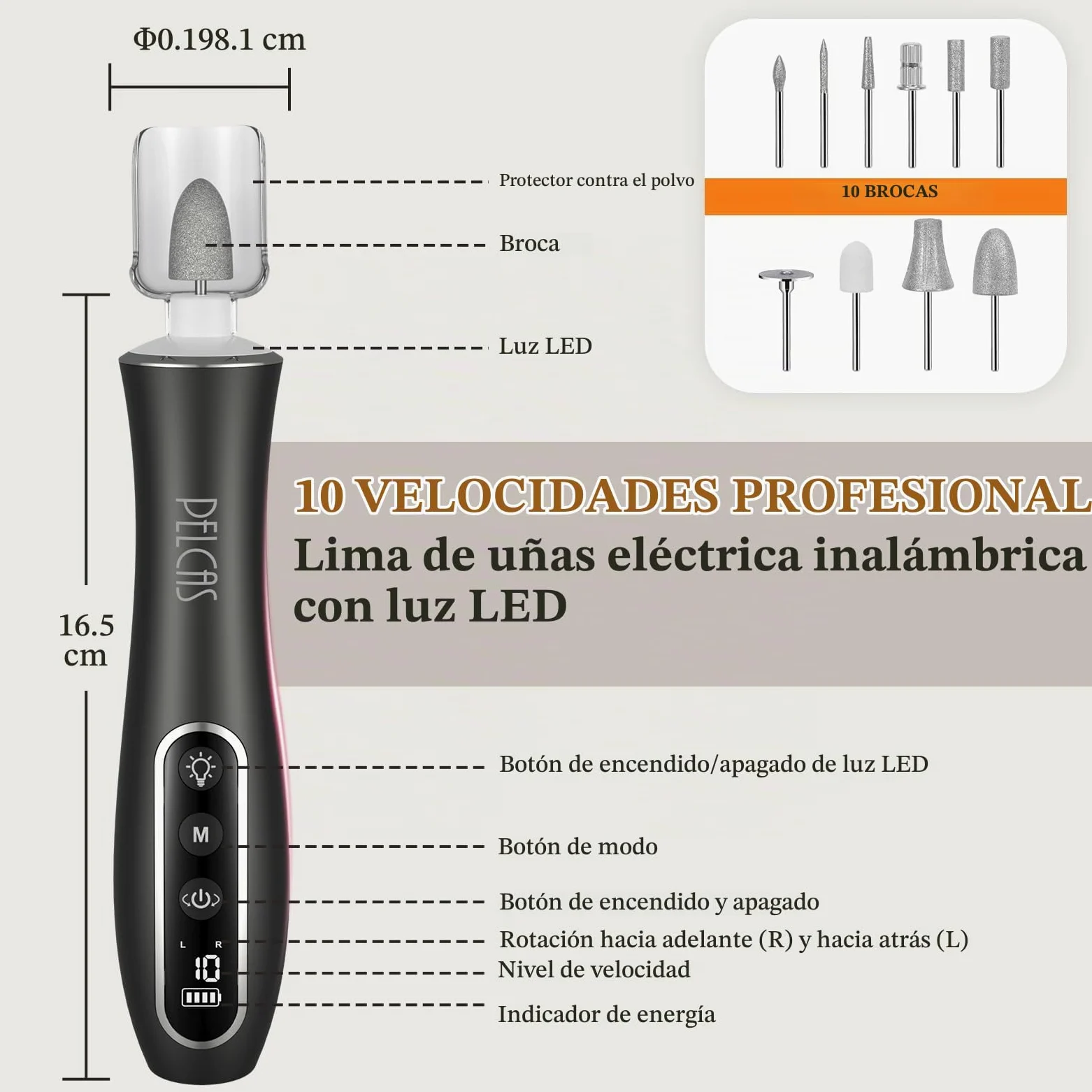 PELCAS Torno para Uñas 10 velocidades Torno para Uñas Profesional Inalámbrico con Pantalla LCD y Luz LED Lima Eléctricas Uñas Recargables Set de Manicura y Pedicura para Salón DIY