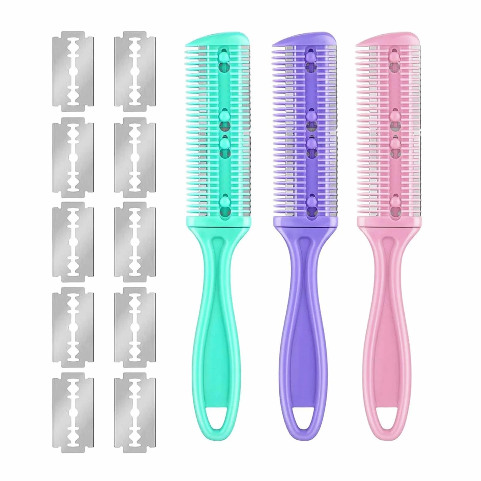 Kit de Peine para Adelgazar el Cabello de 3 Piezas, Cortador de Pelo de Doble Cara con 10 Cuchillas de Acero Inoxidable