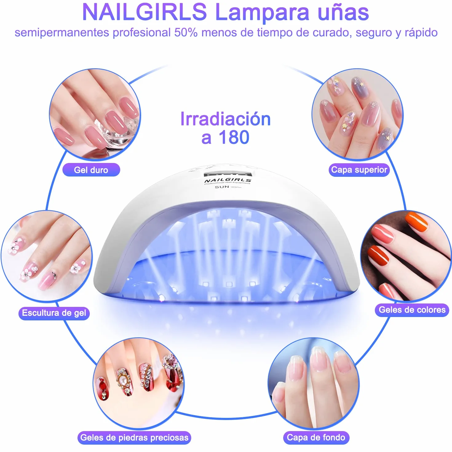 NAILGIRLS Lámpara Uñas LED UV 150W 4 Temporizadores Secador Profesional Pantalla LCD Placa Magnética Extraíble