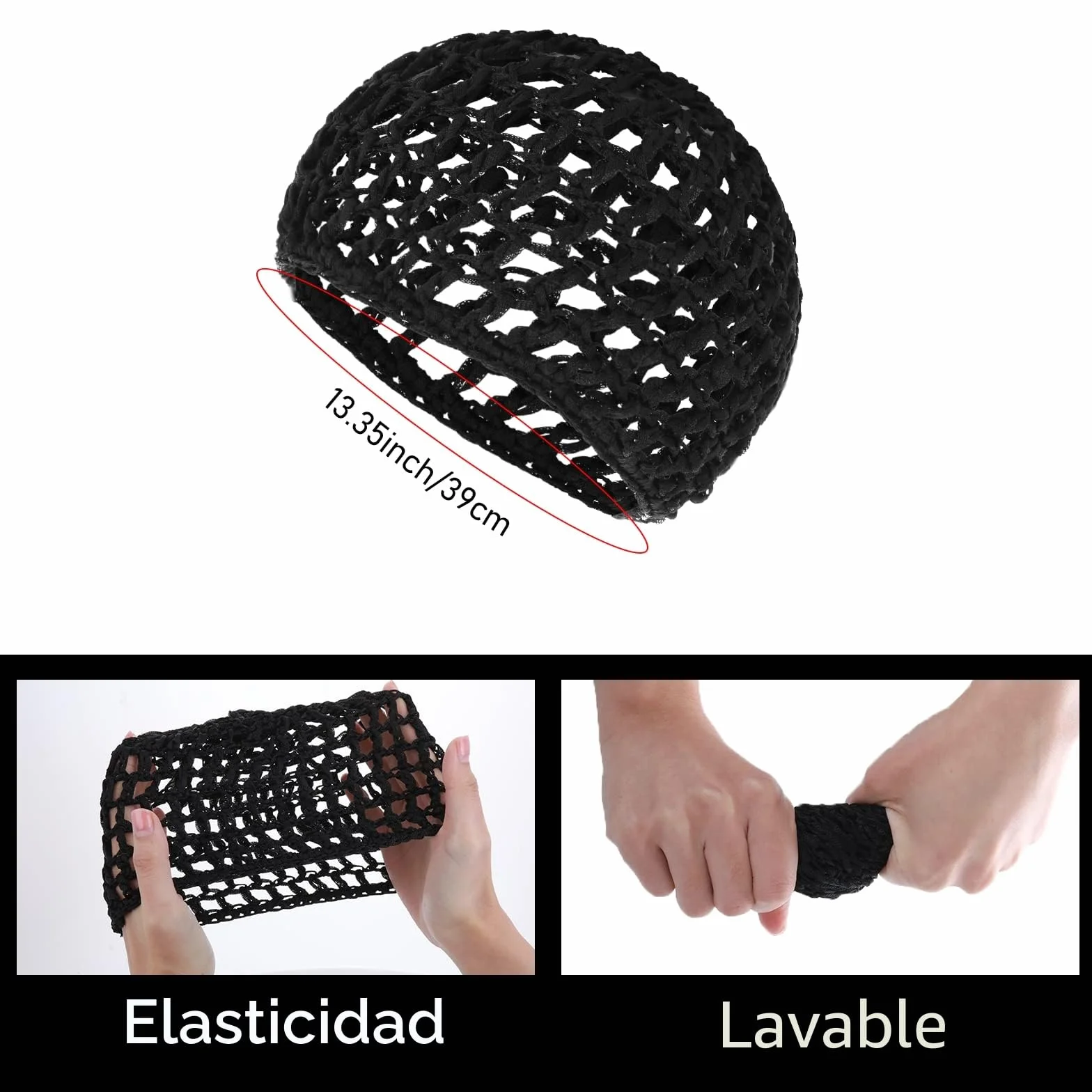 Redecillas para el cabello para dormir, gorros largos rectos rizados, protector de cabeza malla negra, moño correa levantamiento, para mujer
