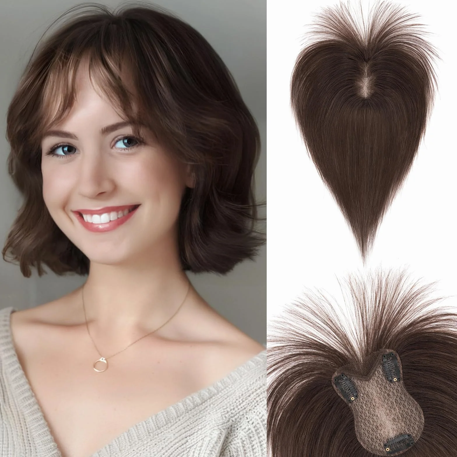 Cubrecabello para mujer, doble capa, cosido a mano, cobertura 360°, con flecos, natural, para adelgazamiento del cabello, añade volumen, 28 cm, color marrón oscuro, 21 g