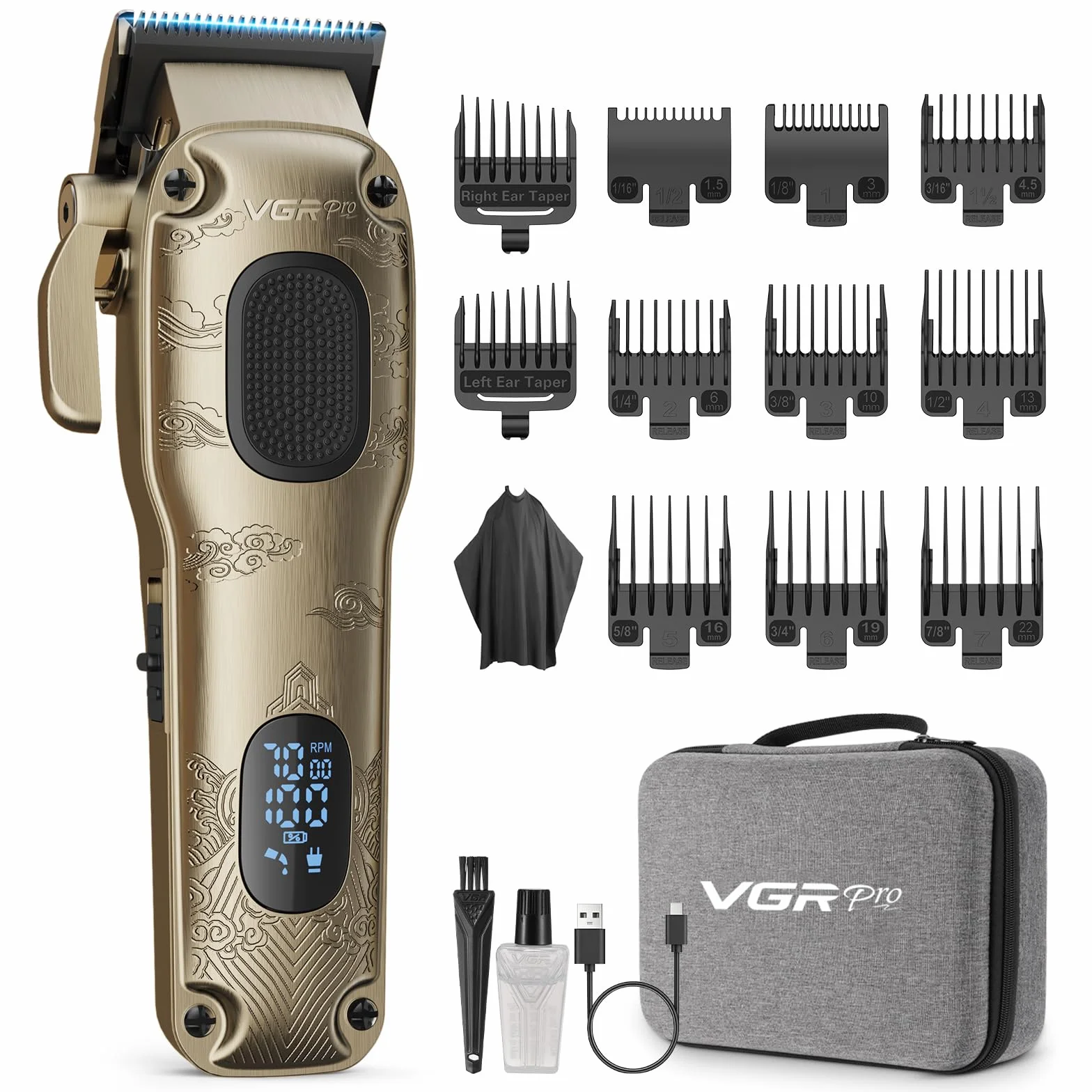 VGRPRO Profesional Máquina de Cortar Pelo Hombre Inalámbrico con Estuche LED Kit Dorado