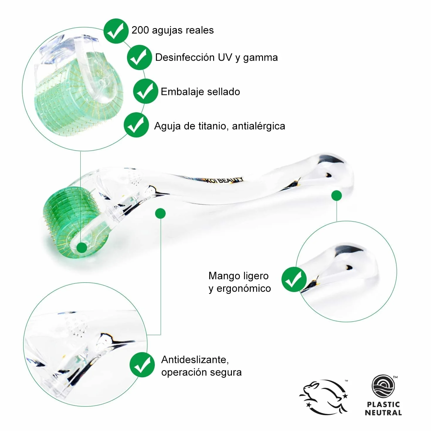 KOI BEAUTY Derma Roller 0.5 mm Microneedle Roller Titanio Real 200 Agujas para Cara Cuero Cabelludo Cuerpo