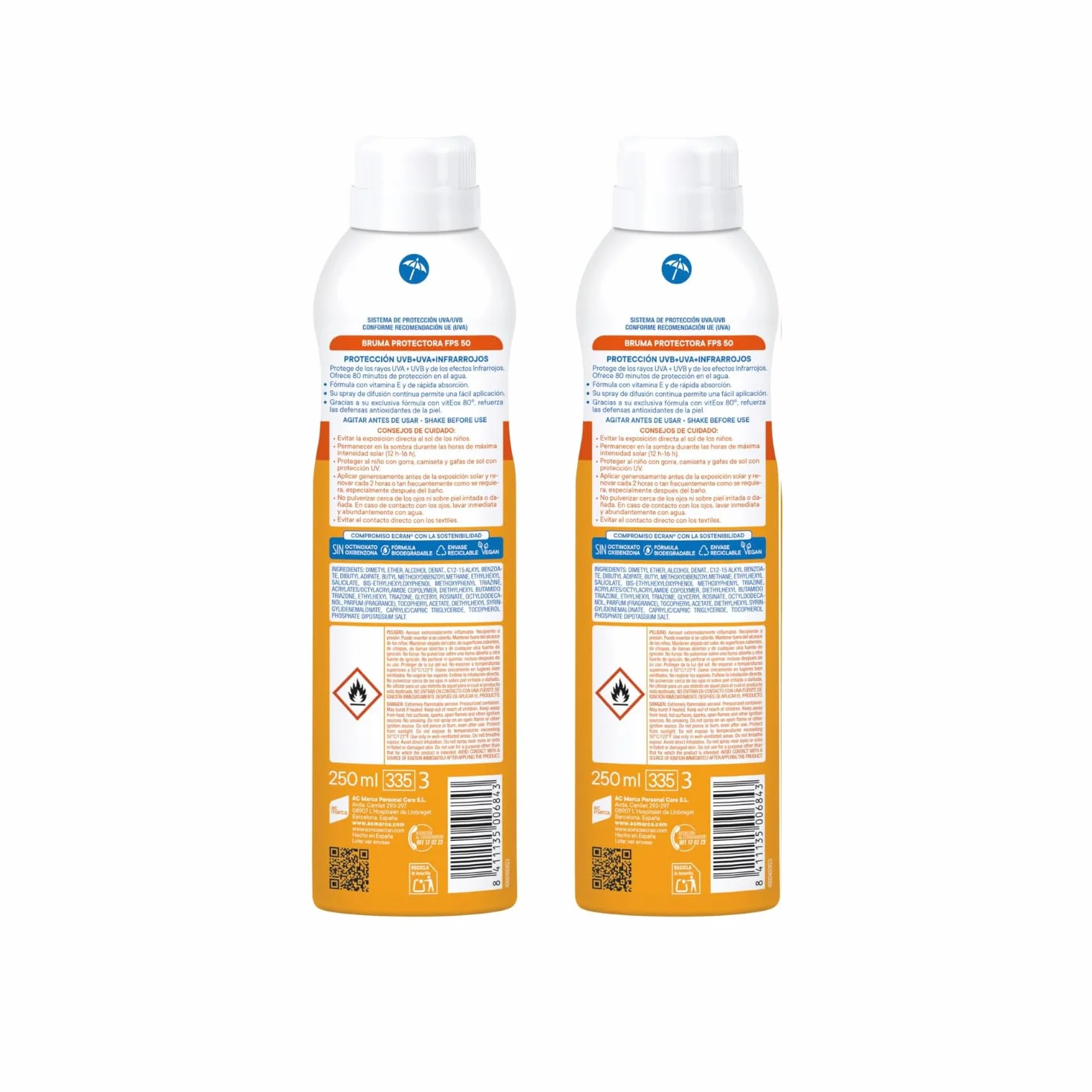 Denenes Bruma Protectora FPS 50 Niños 80 Minutos Protección UVB UVA IR-A Extracto Algodón Pantenol Vitamina E 2 x 250 ml