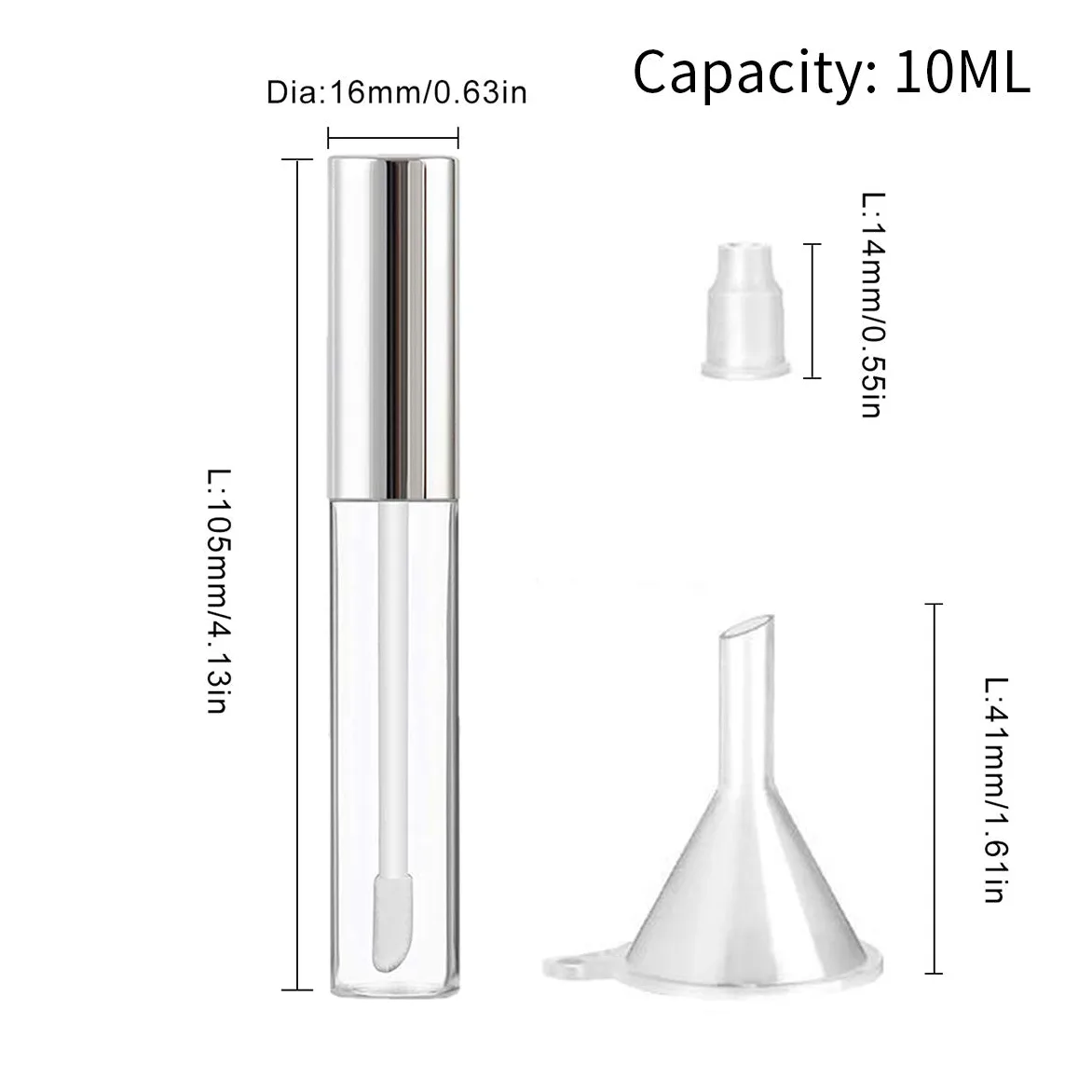 GTHERGTHER 10 contenedores vacíos de brillo de labios, 10 ml, tapa negra, aplicador, varita y embudo y tapones de goma para maquillaje de labios, rellenables., , , Plateado,, ]