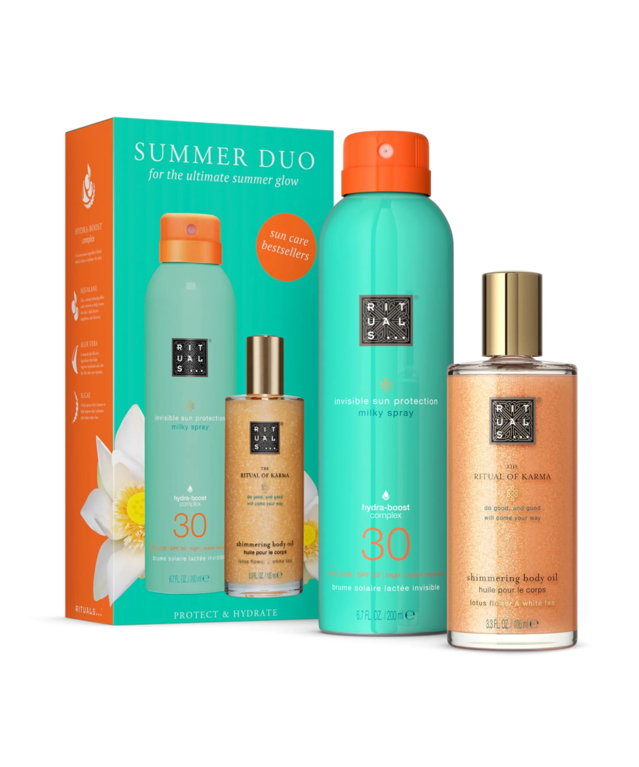 Rituals The Ritual of Karma Summer Duo – Spray de crema solar SPF 30 y aceite corporal brillante – Set de regalo con aroma de loto y té blanco