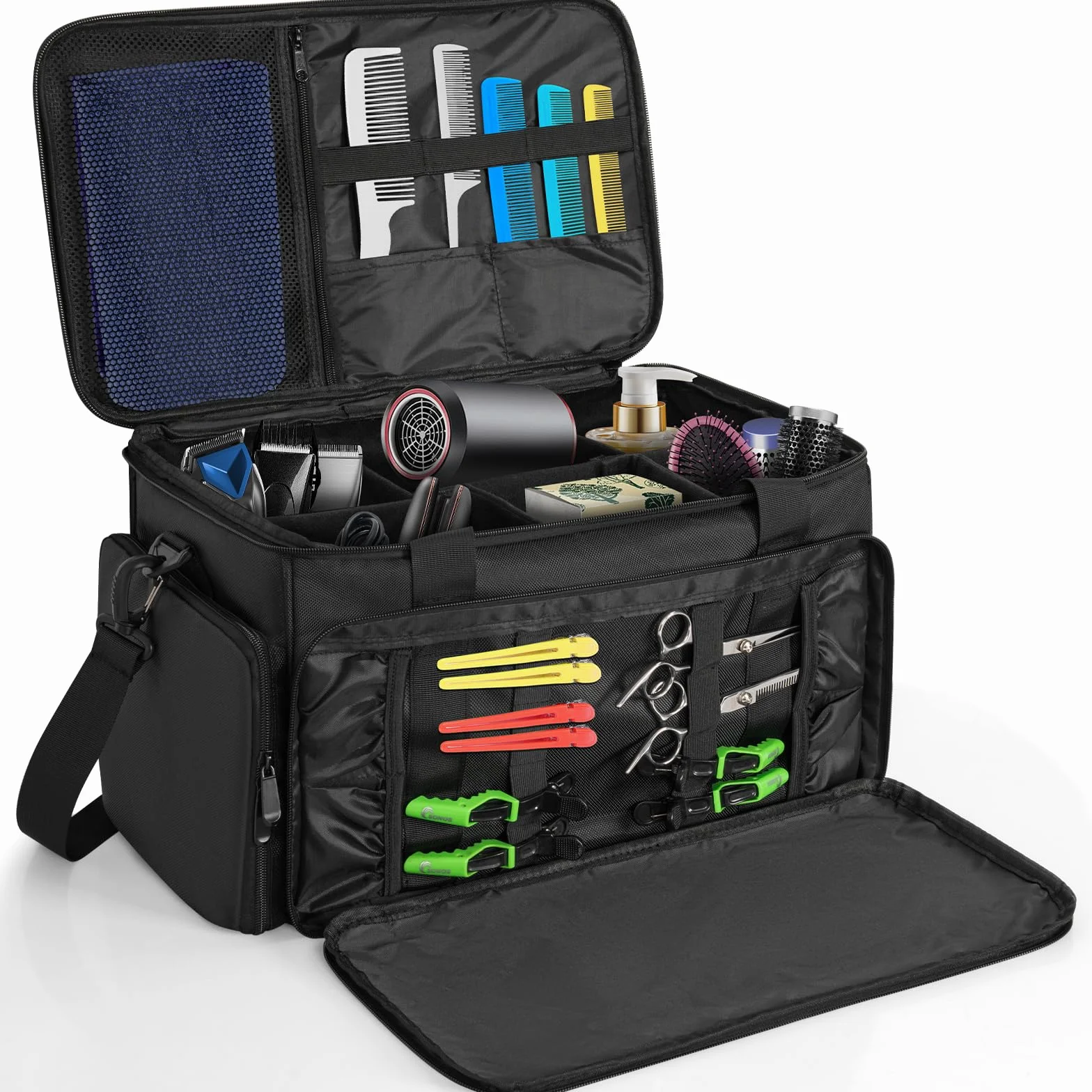 Bolsa de peluquería profesional, bolsa de almacenamiento portátil con múltiples bolsillos y compartimentos ajustables para accesorios de peluquería, adecuado para (BK)