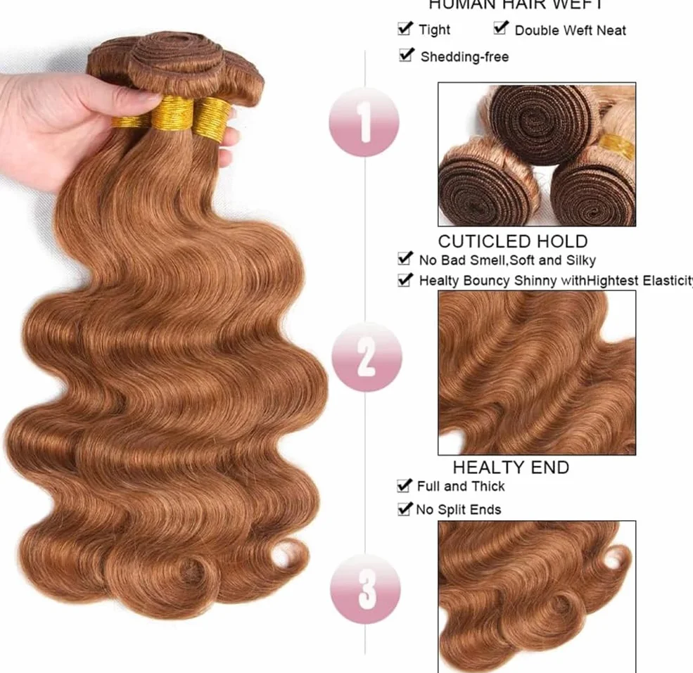 Extensiones de cabello humano con ondas de cuerpo humano, 3 paquetes de 50 g/unidad, doble trama #30, marrón claro para mujeres de 22, 24 y 66 cm