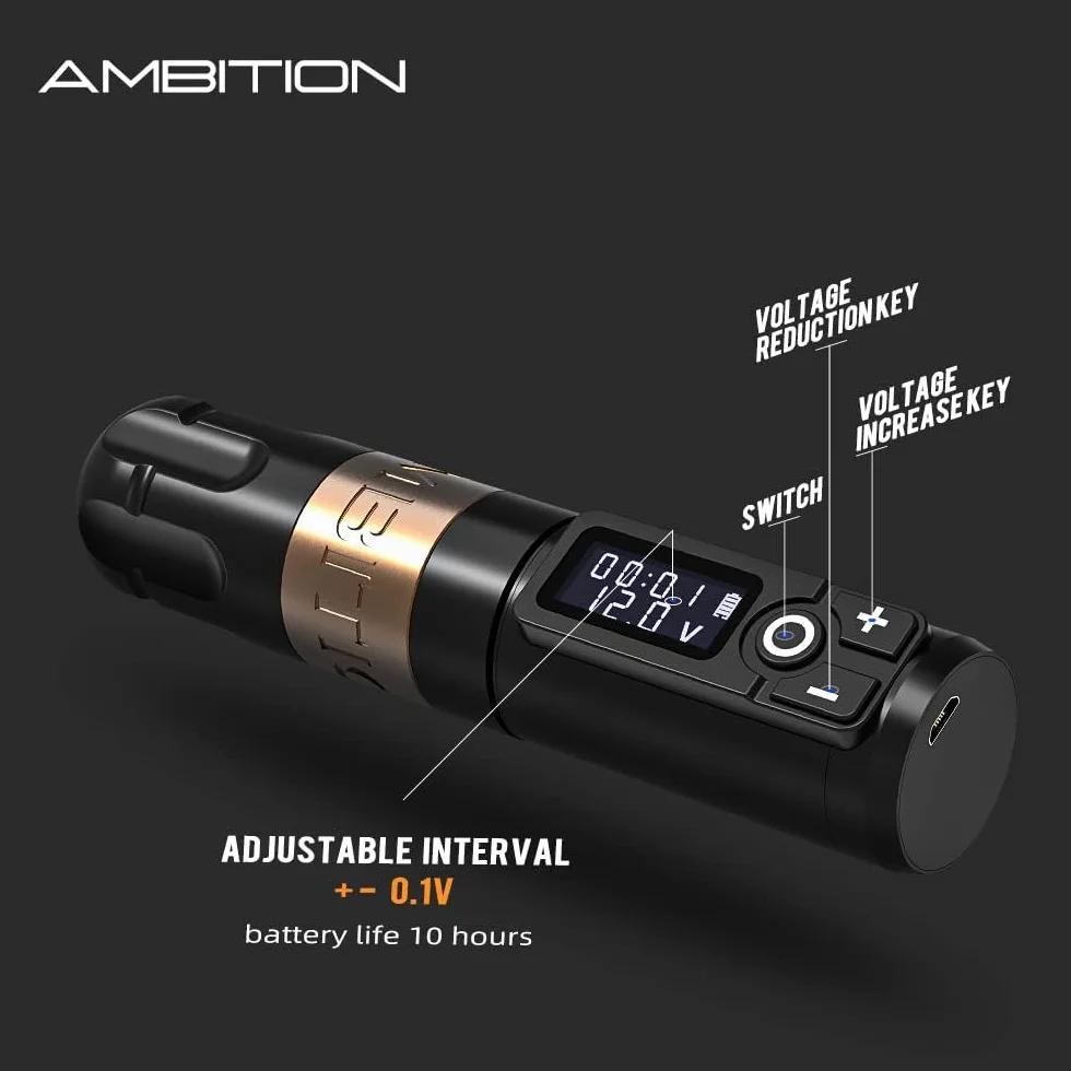 Ambition Soldier Máquina de cartucho de tatuaje con bolígrafo de batería rotativa con motor inalámbrico de 2400 mAh sin núcleo pantalla LED digital suministro de equipo de tatuaje
