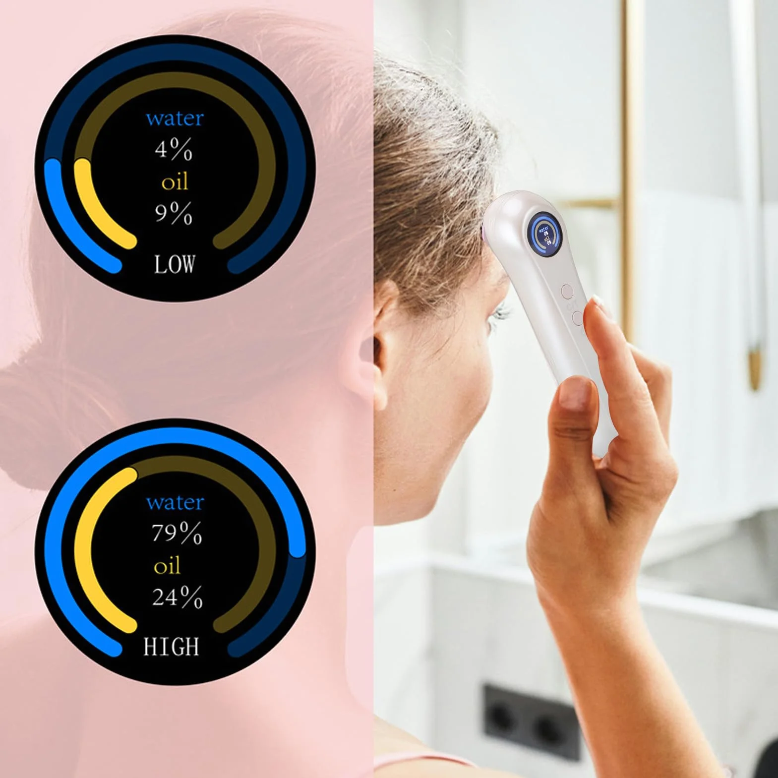 Analizador Digital de Precisión del Contenido de Aceite de la Piel, Monitor Detector de Probador de Humedad Facial, Analizador de Humedad de la Piel para Niñas y Mujeres