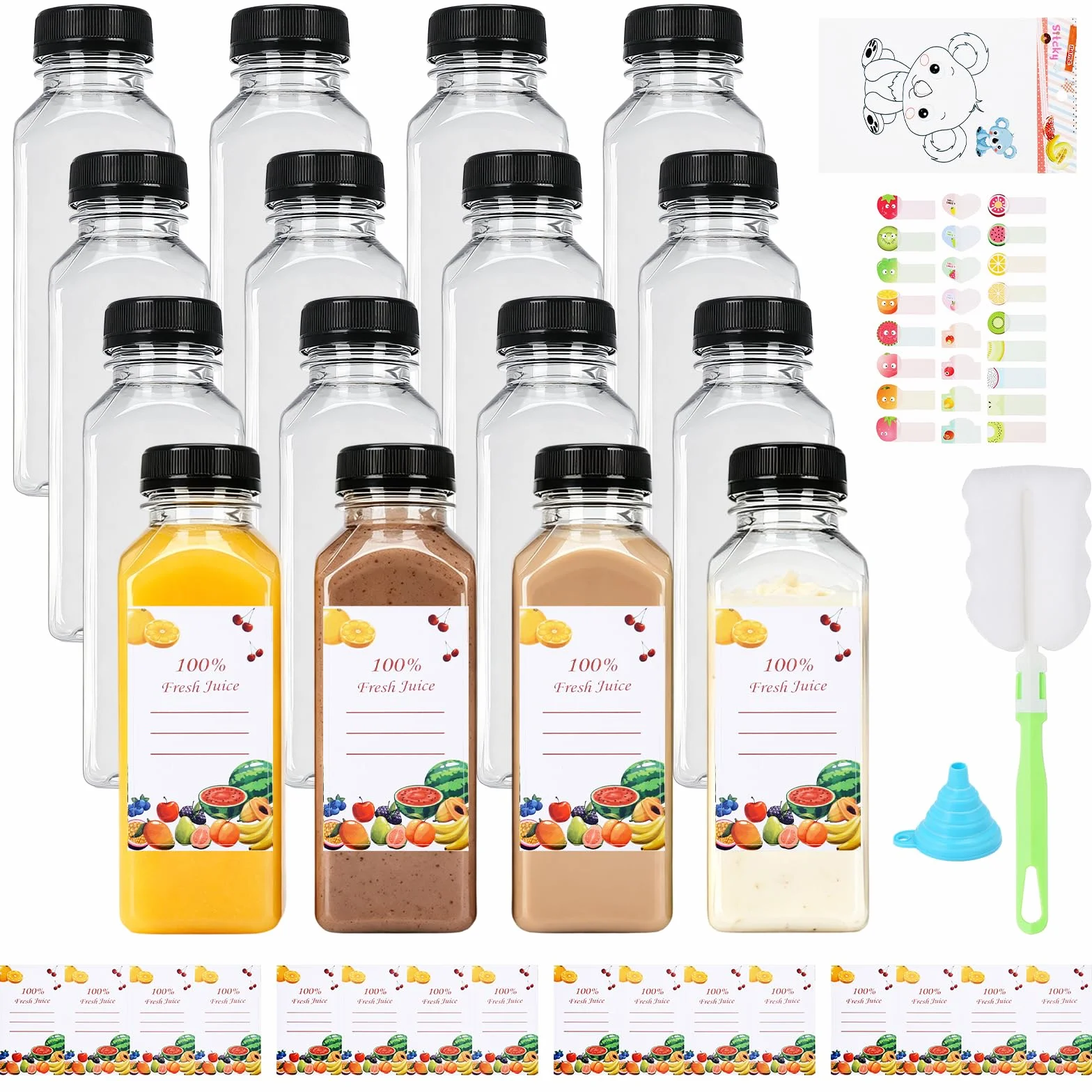 Botellas Vacías Reutilizables de 350 ml, 16 Botellas de Plástico con Tapas de Sellado, Material PET, para Jugo, Agua, Batidos, Incluye Embudo y Cepillo