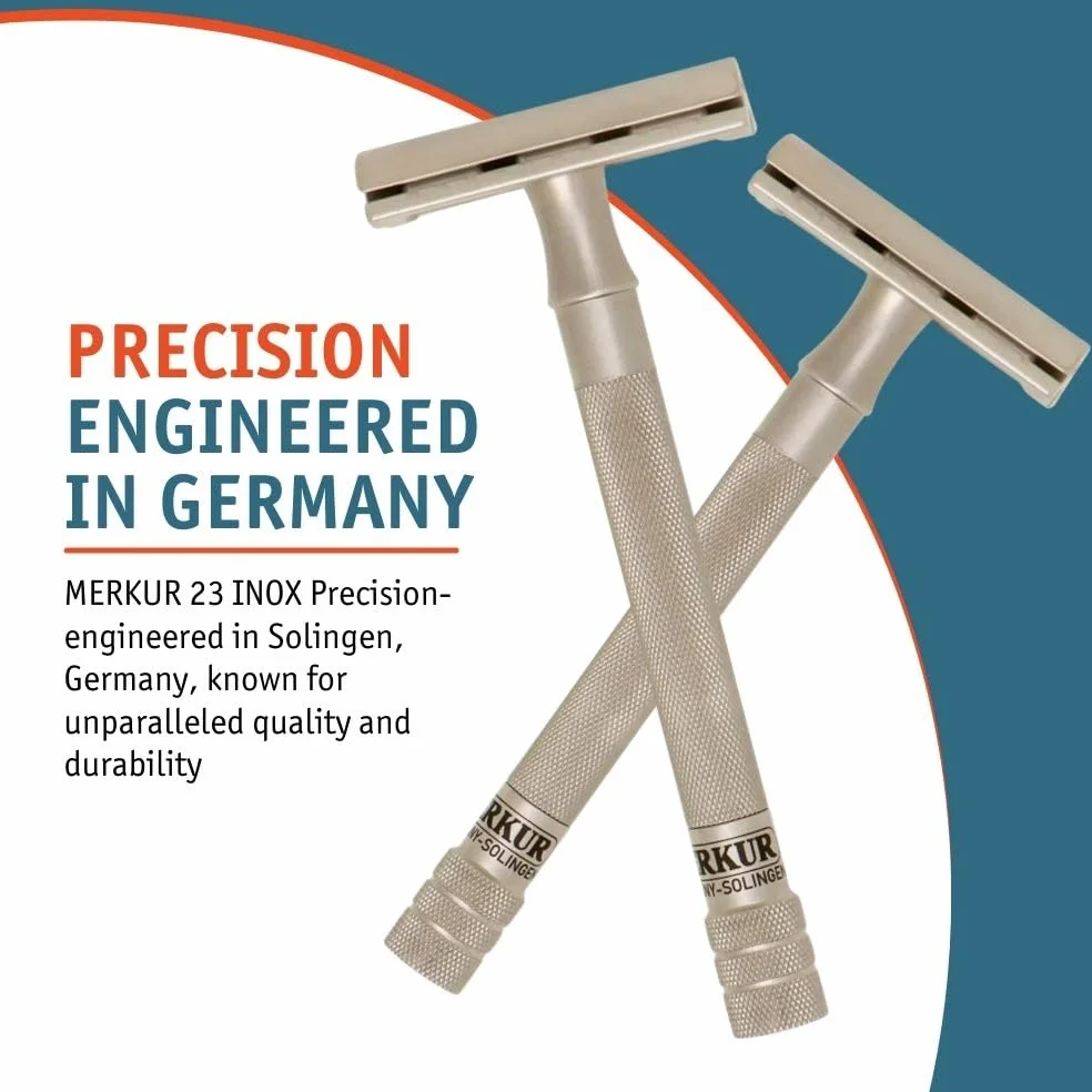 MERKUR Navaja de acero inoxidable 23 inox, mate sedoso, maquinilla de afeitar de corte recto premium de tres piezas, peine cerrado, ideal para afeitado en húmedo, fabricada en Alemania