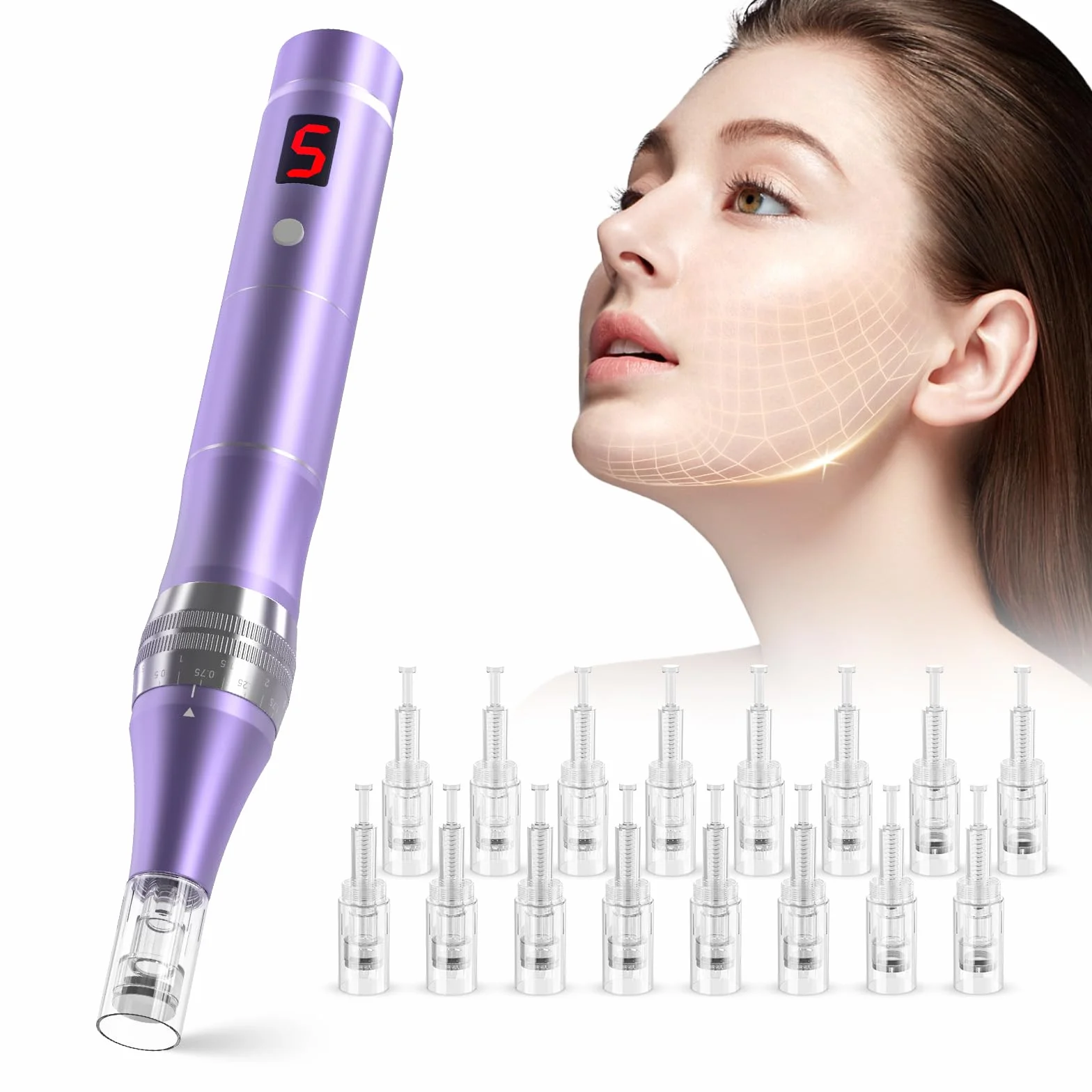 QUELLE E99 Dermapen Profesional,Microneedling Pen Inalámbrico con pantalla LCD y 5 Niveles de Velocidad incluye 16 Cartuchos de Repuesto Para el Cuidado de la Piel