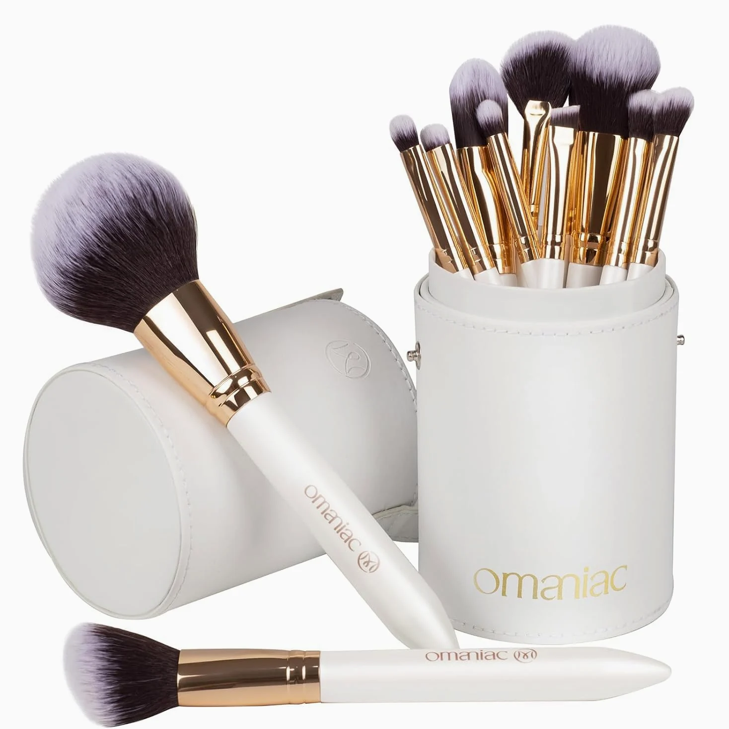 OMANIAC Juego de 12 brochas de maquillaje, de alta calidad, hechas de fibras sintéticas duraderas, pinceles de maquillaje profesionales para el día a día o de viaje (blanco)