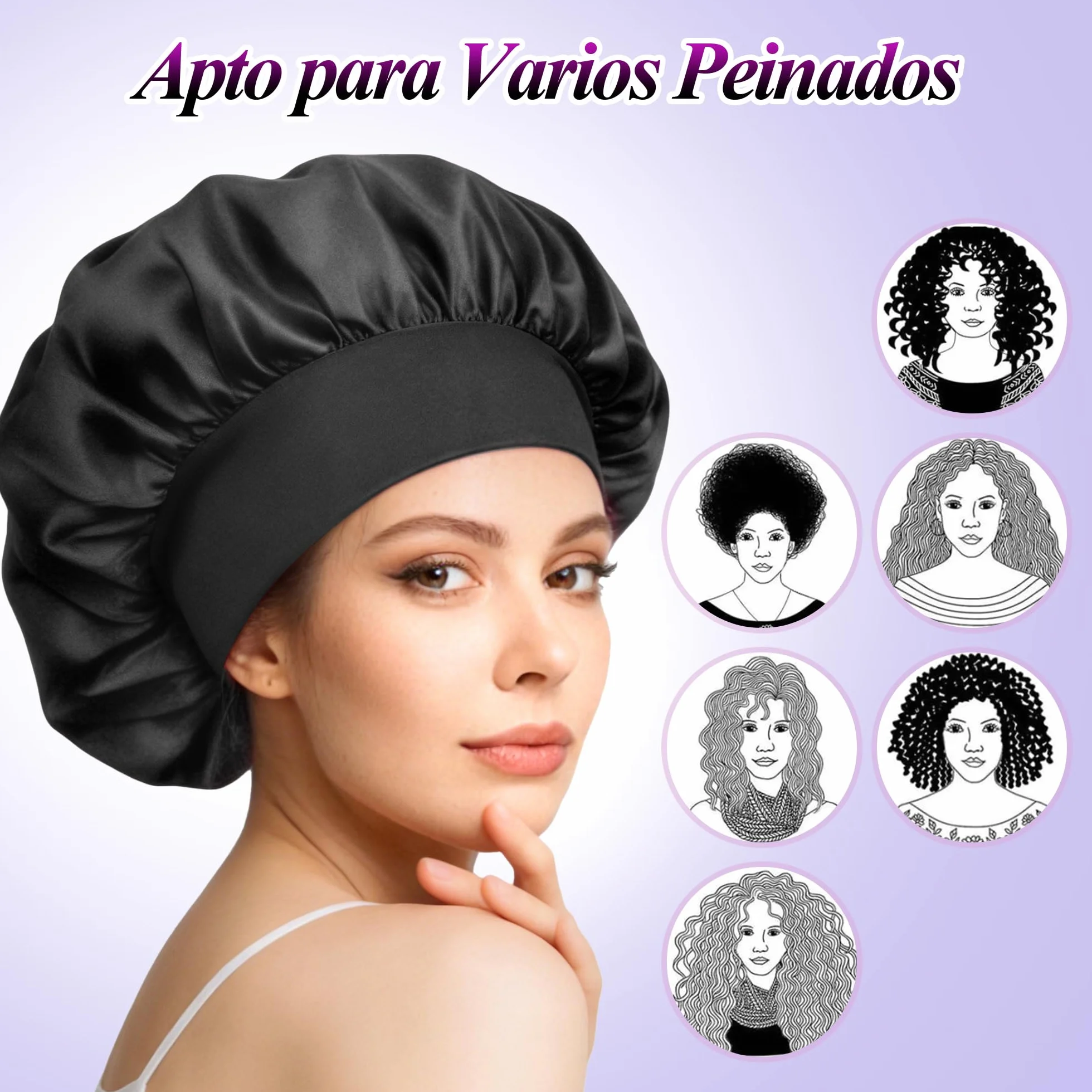 Gorro de Seda para Dormir 2 Piezas Gorros de Satén para el Cabello Antifrizz Negro Plateado